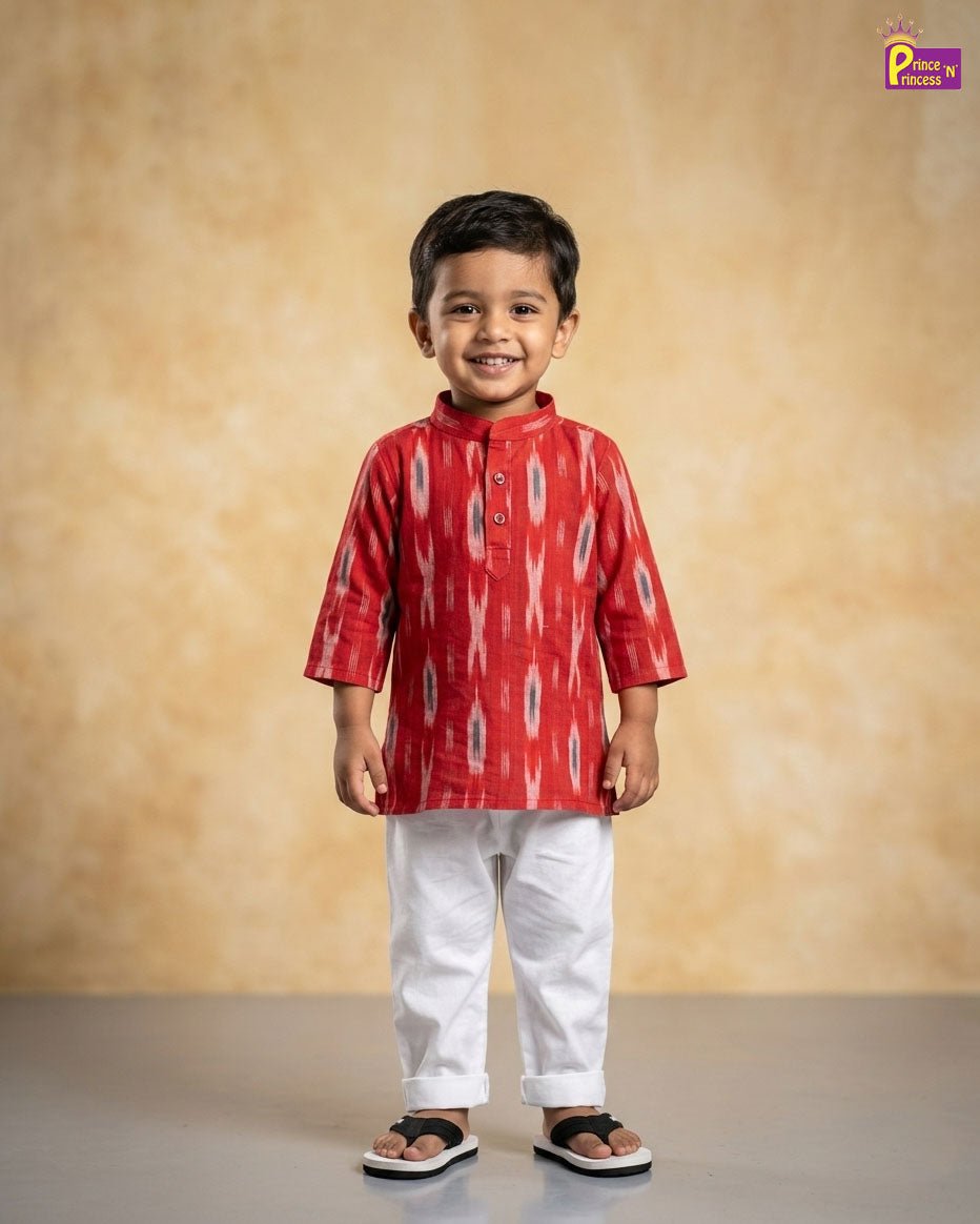 Boys Cotton Ikkat Kurta Pajama in Red KP210 - Prince N Princess