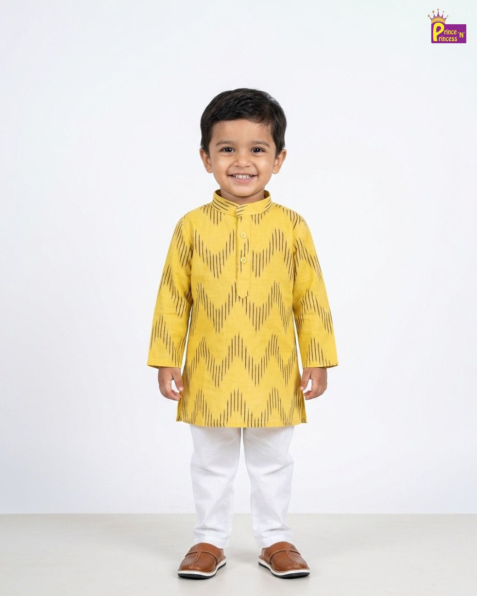Boys Cotton Ikkat Kurta Pajama in Yellow KP215 - Prince N Princess