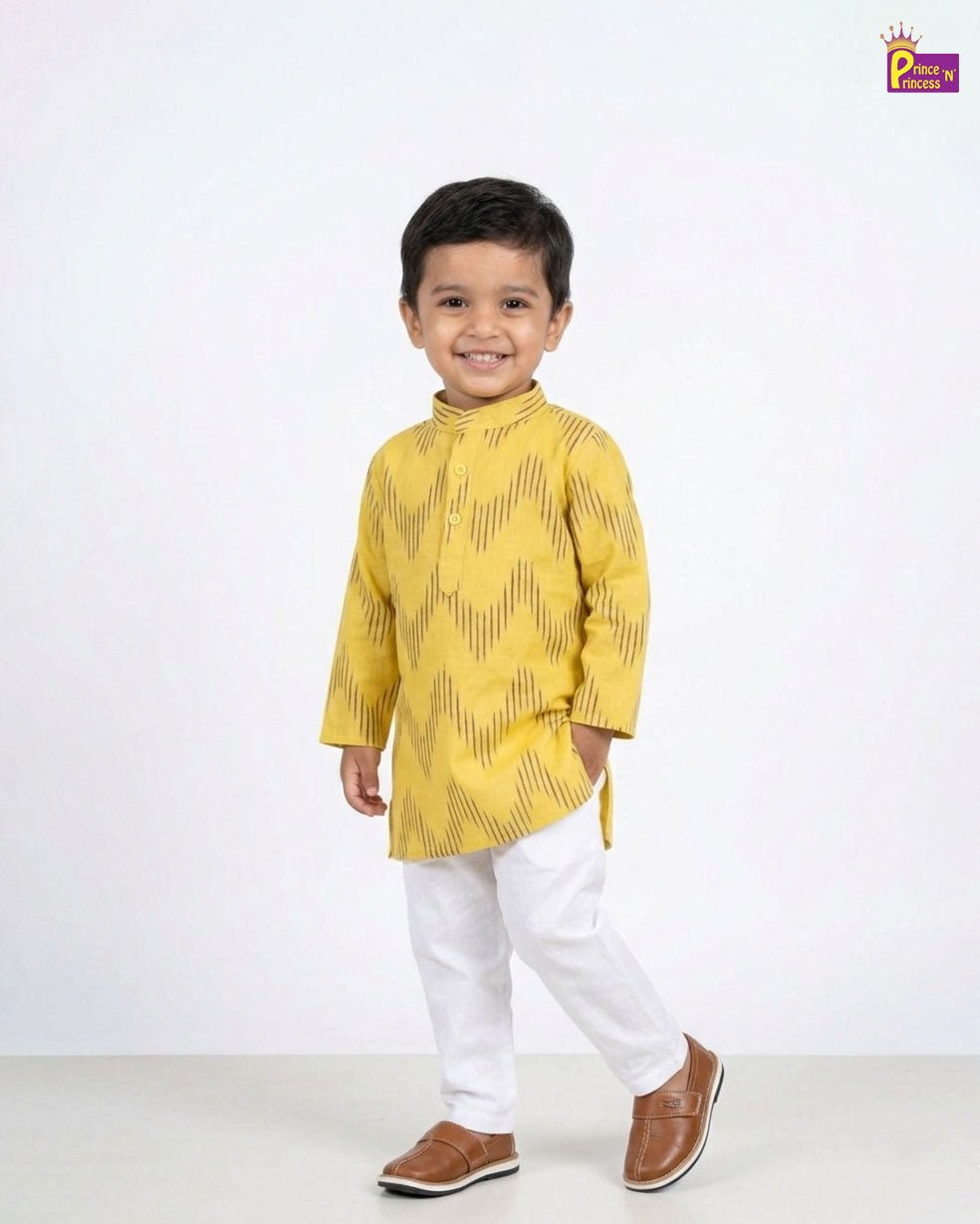 Boys Cotton Ikkat Kurta Pajama in Yellow KP215 - Prince N Princess