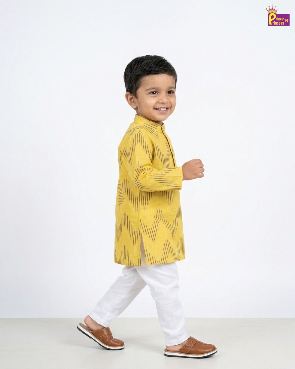 Boys Cotton Ikkat Kurta Pajama in Yellow KP215 - Prince N Princess