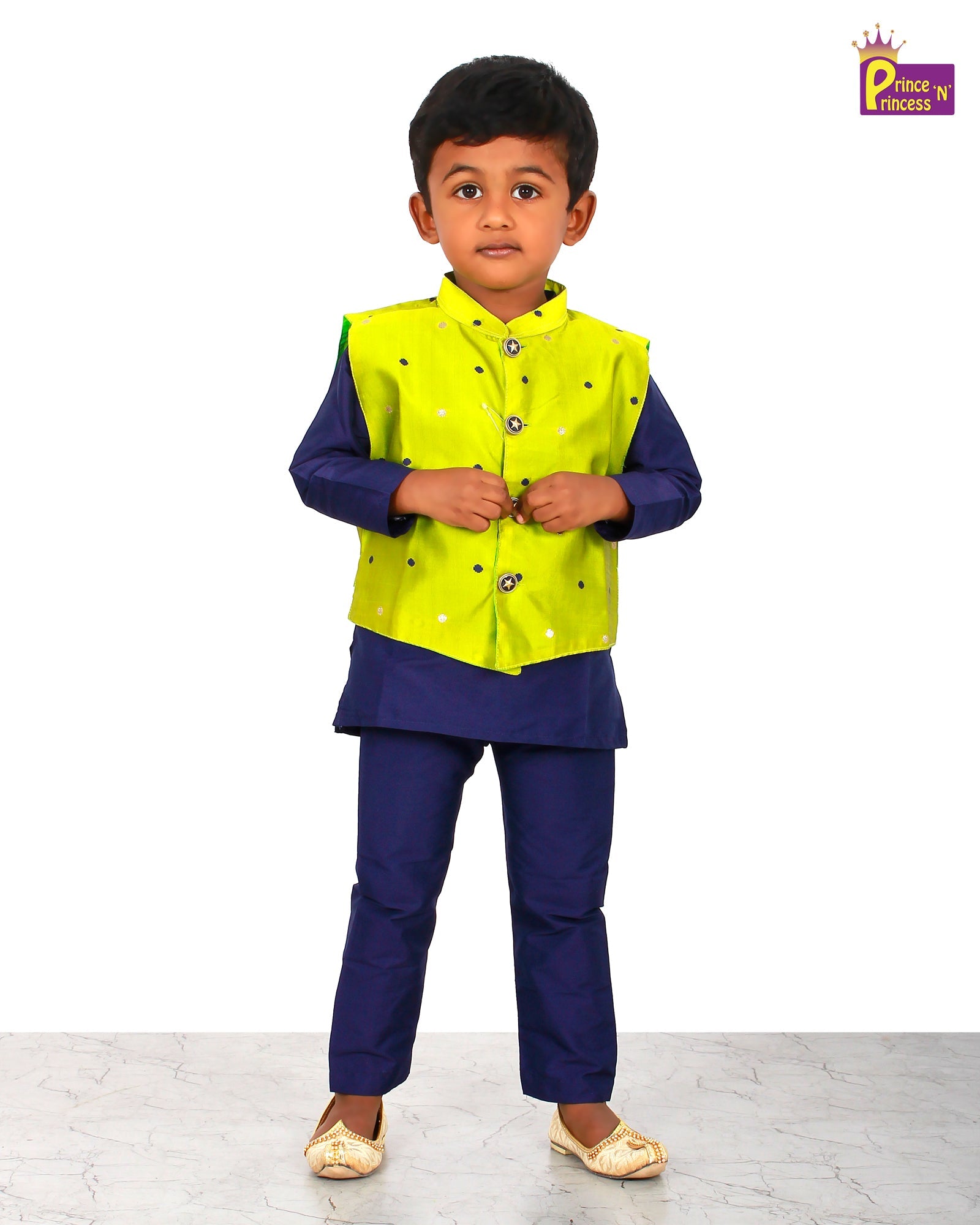 Boys Green Navy Kurta Pajama with Coat KP044 - Prince N Princess