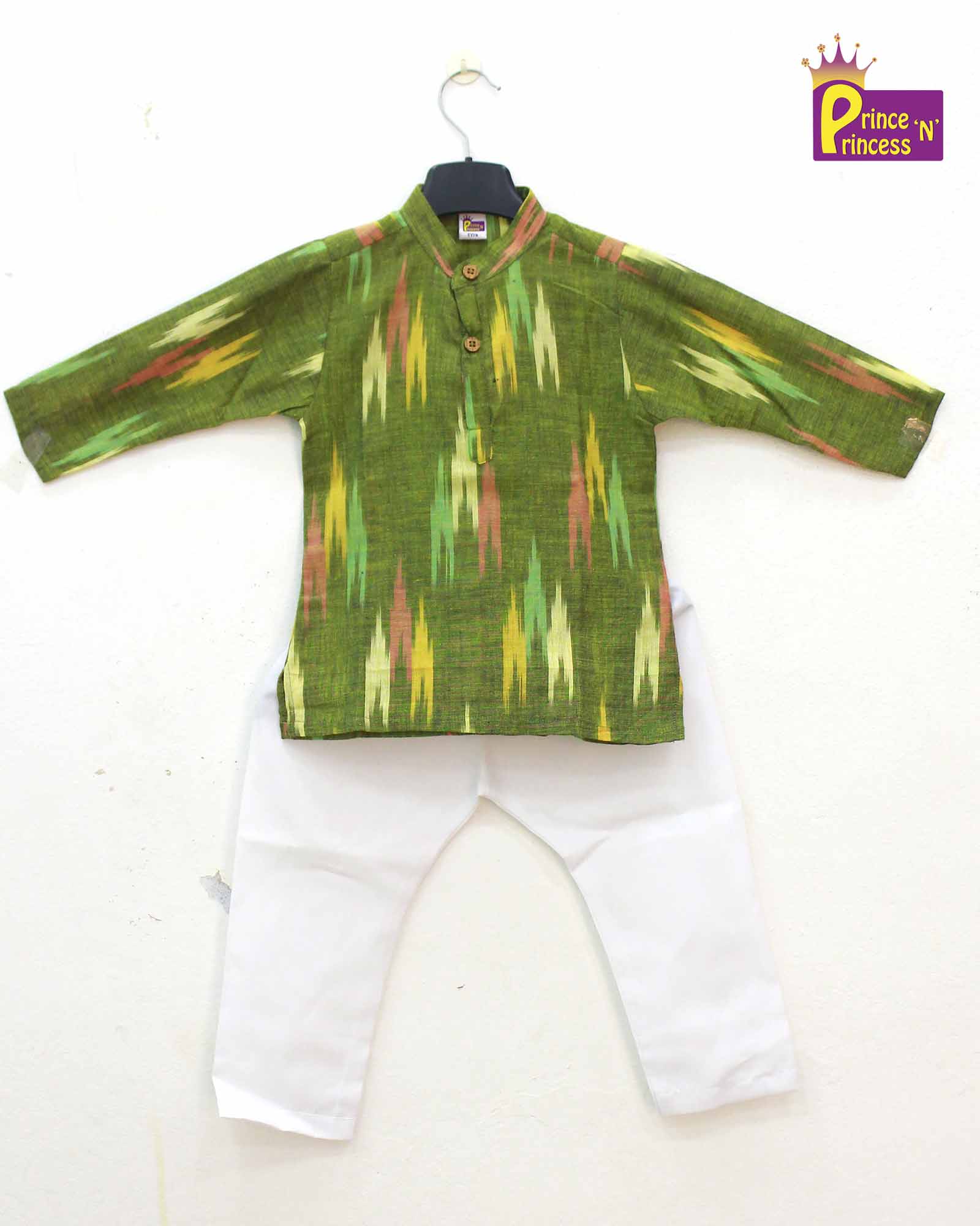 Boys Green White Cotton Ikkat kurta Pajama KP161 - Prince N Princess