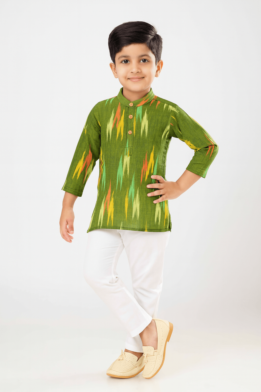Boys Green White Cotton Ikkat kurta Pajama KP161 - Prince N Princess
