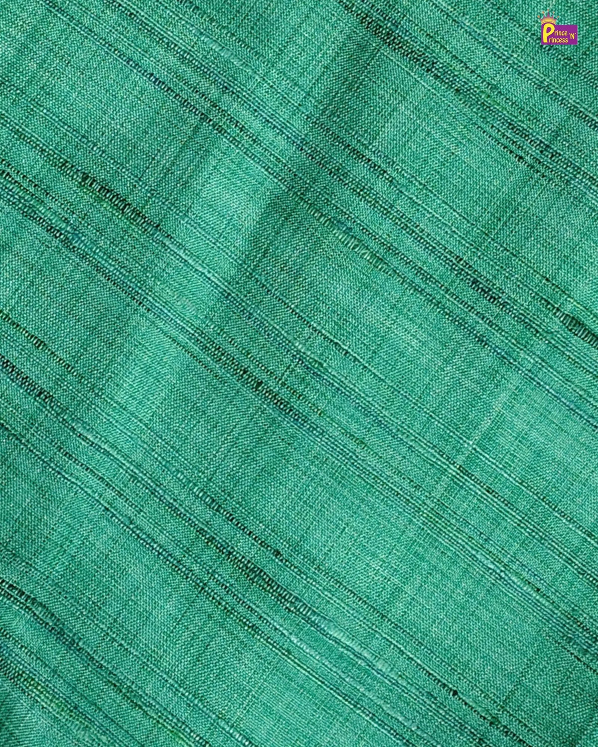 A close-up of a green woven fabric with a subtle diagonal textured pattern and a small colorful logo in the top right corner.