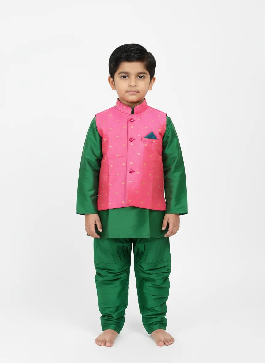 Boys Kurta Pajama with Coat in Pink with Green KP101 - Prince N Princess