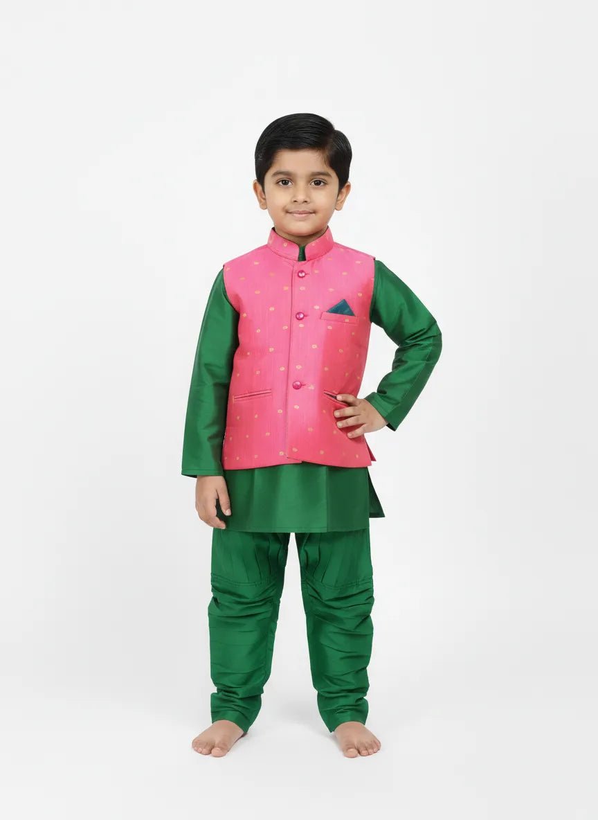 Boys Kurta Pajama with Coat in Pink with Green KP101 - Prince N Princess
