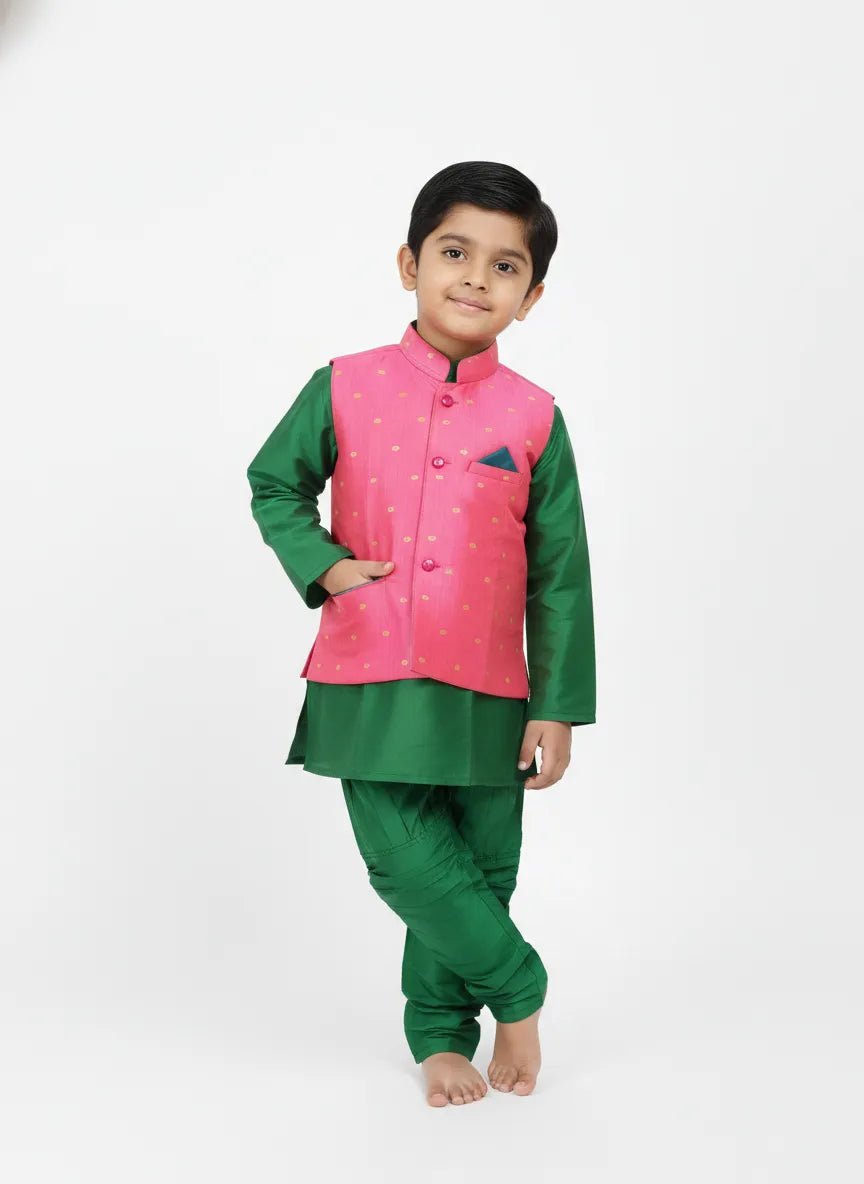 Boys Kurta Pajama with Coat in Pink with Green KP101 - Prince N Princess