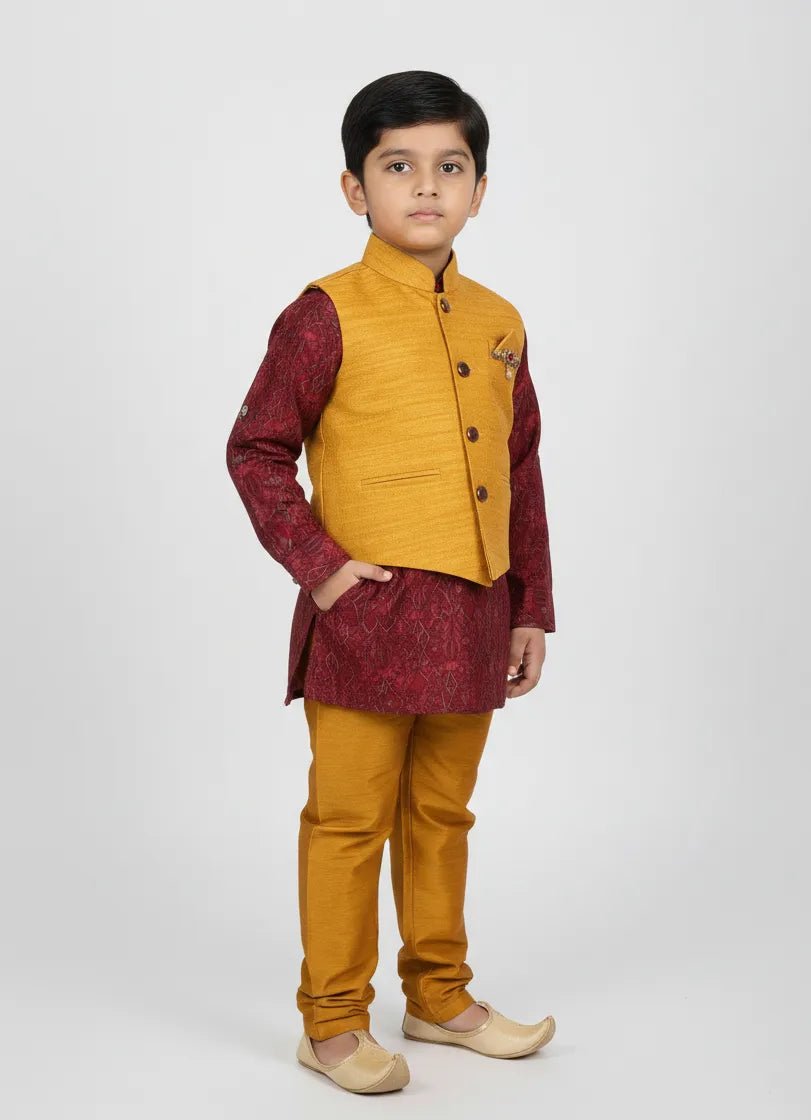 Boys Kurta Pajama with Coat Yellow with Red KS003 - Prince N Princess