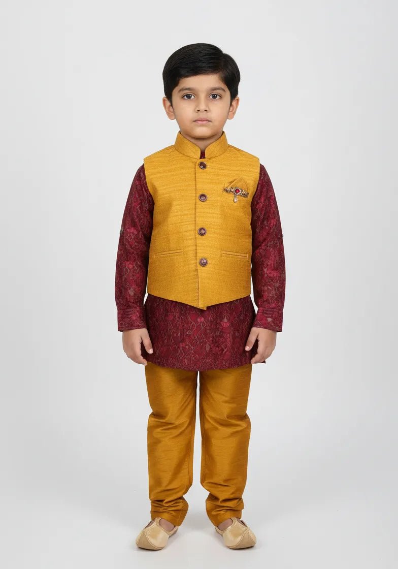 Boys Kurta Pajama with Coat Yellow with Red KS003 - Prince N Princess