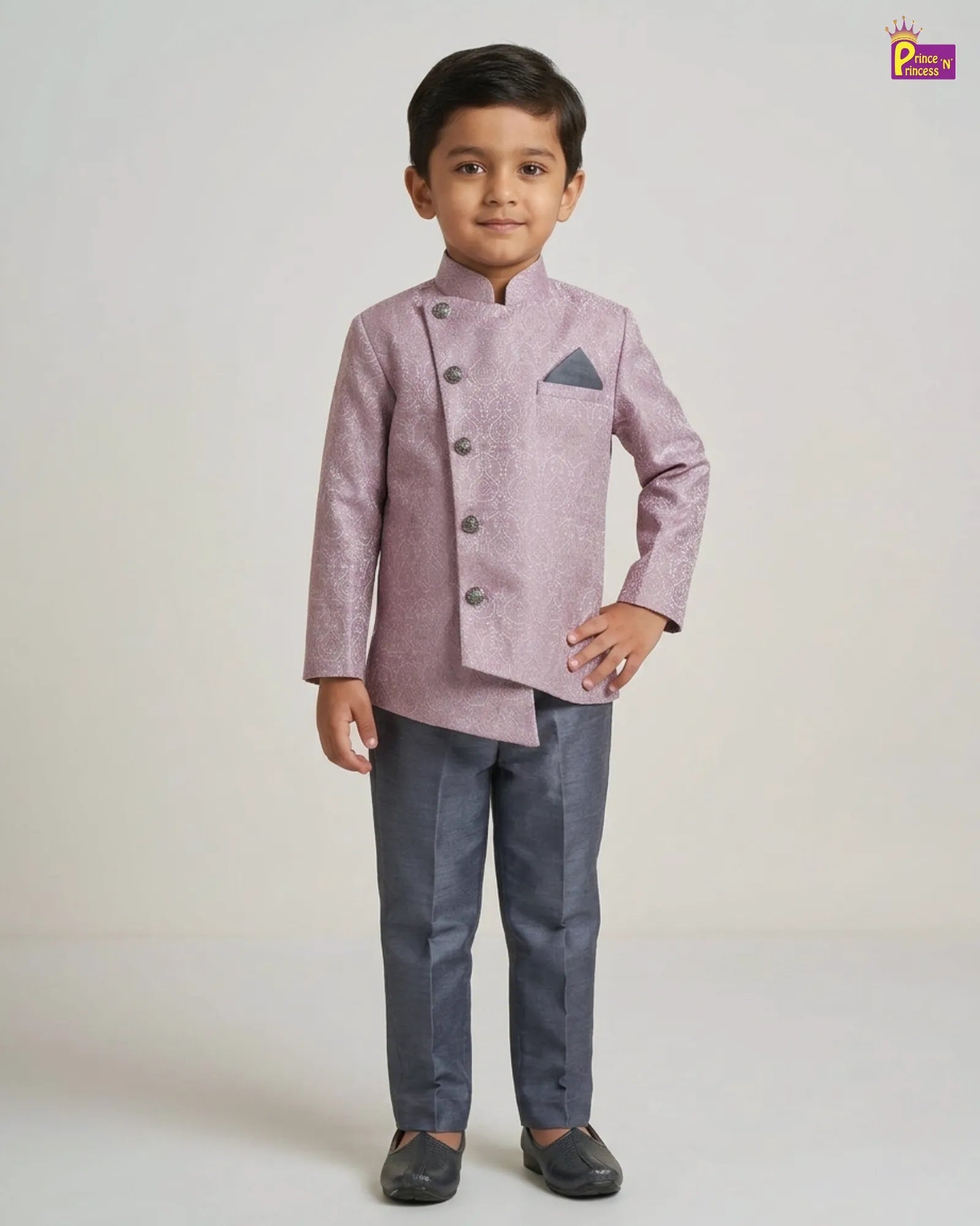 Boys Lilac Jodhpuri Jacket Set – Paisley Asymmetric Grey Pant Suit KP227 for kids festival wear