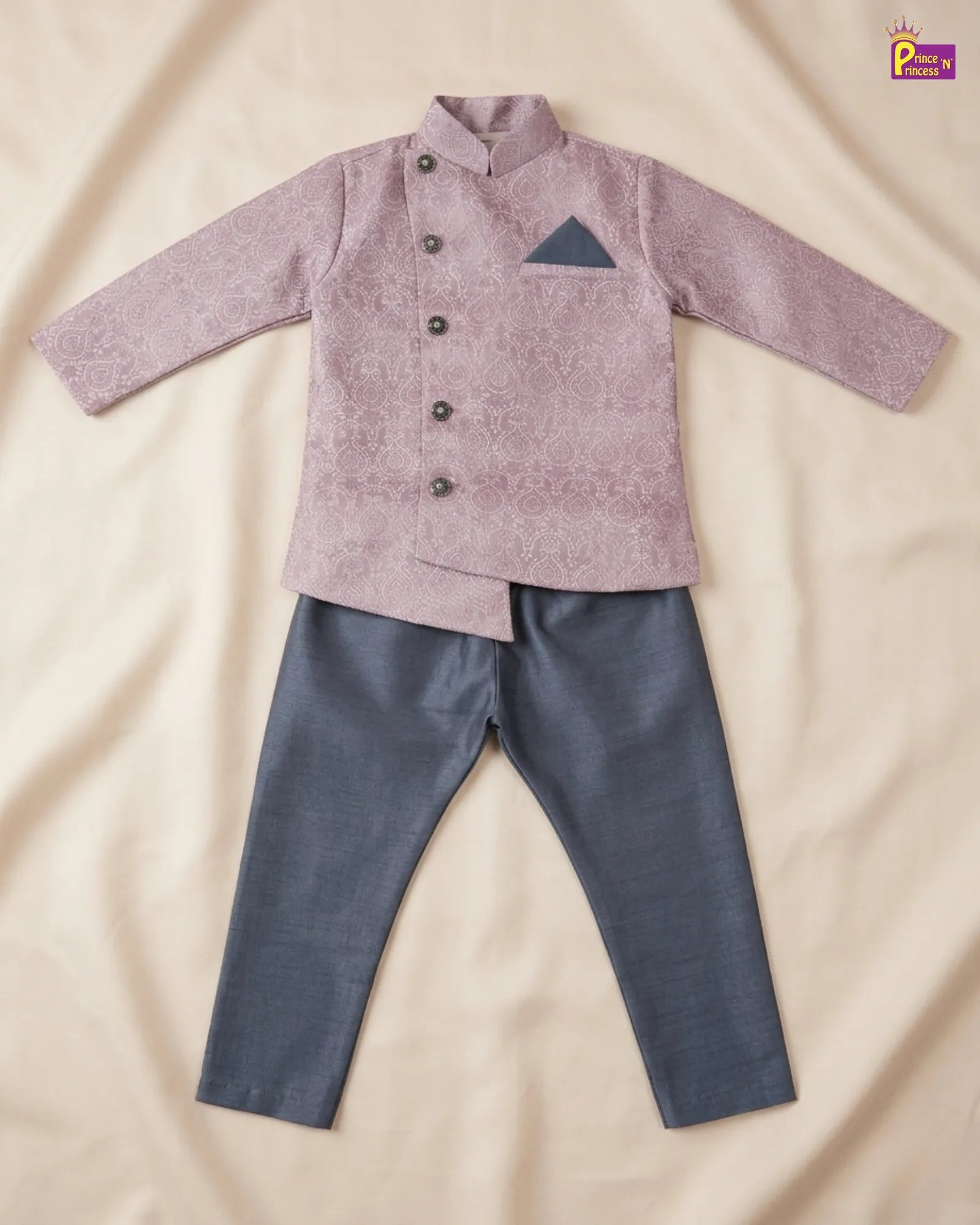 Boys Lilac Jodhpuri Jacket Set – Paisley Asymmetric Grey Pant Suit KP227 for kids festival wear