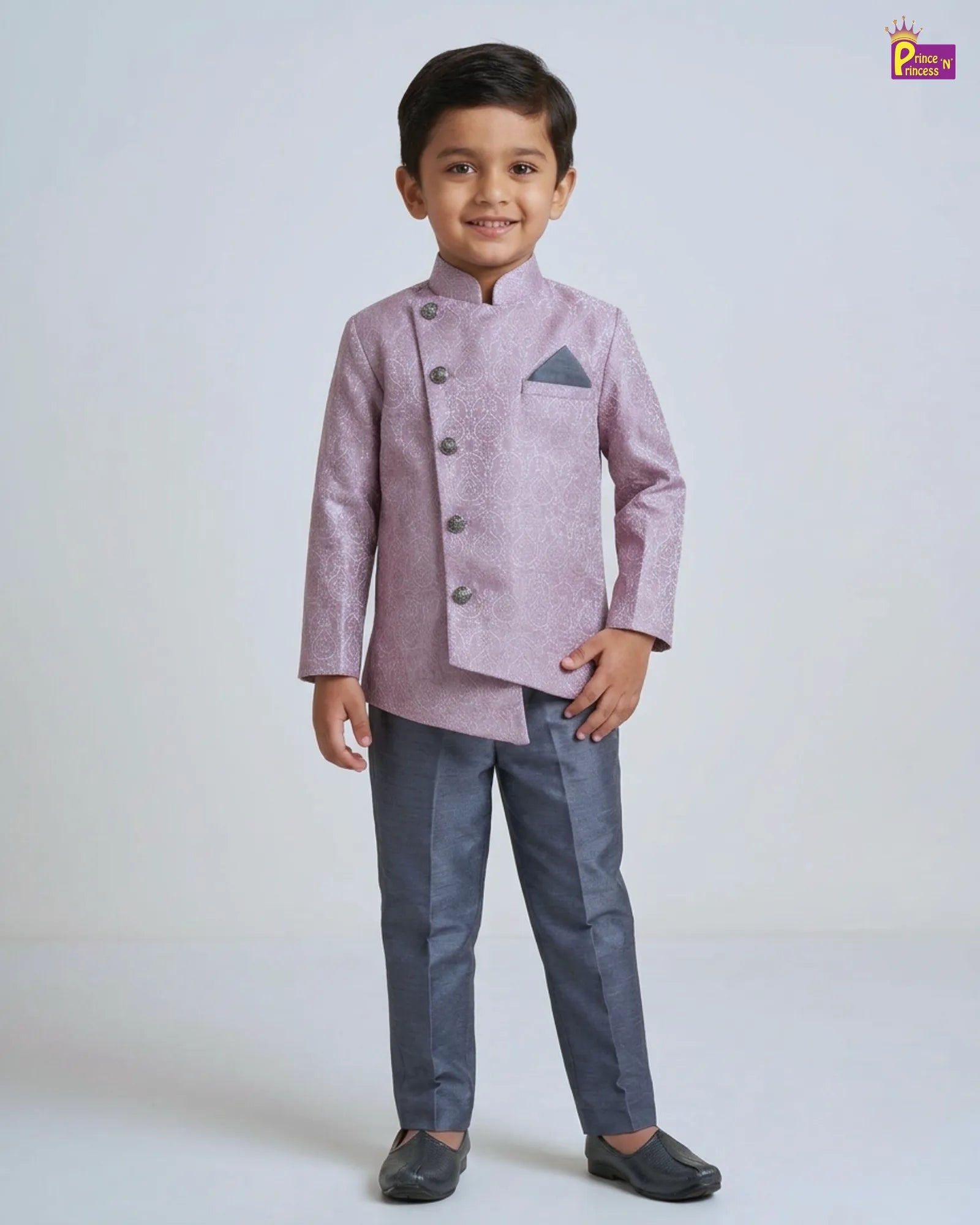 Boys Lilac Jodhpuri Jacket Set – Paisley Asymmetric Grey Pant Suit KP227 for kids festival wear