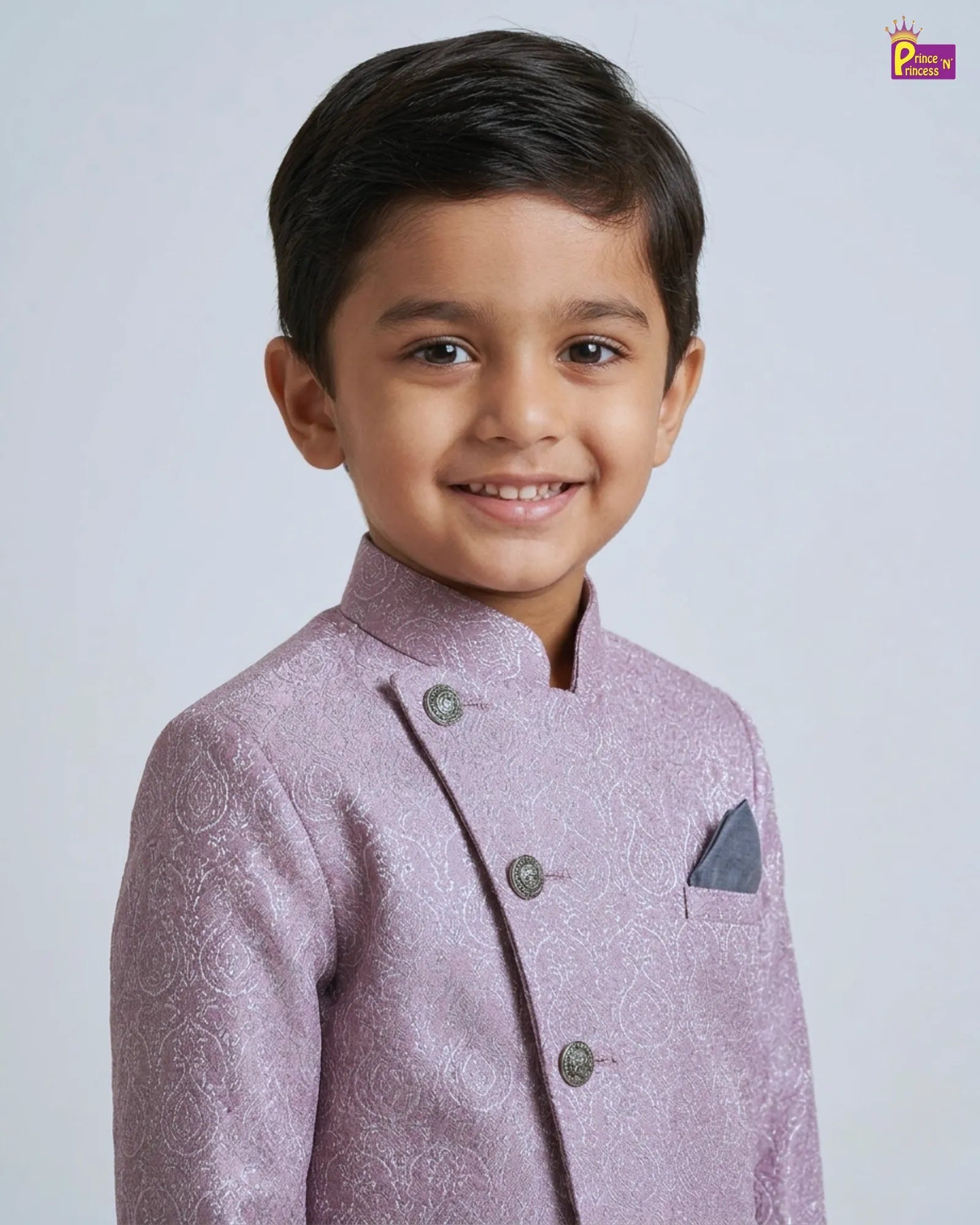 Boys Lilac Jodhpuri Jacket Set – Paisley Asymmetric Grey Pant Suit KP227 for kids festival wear