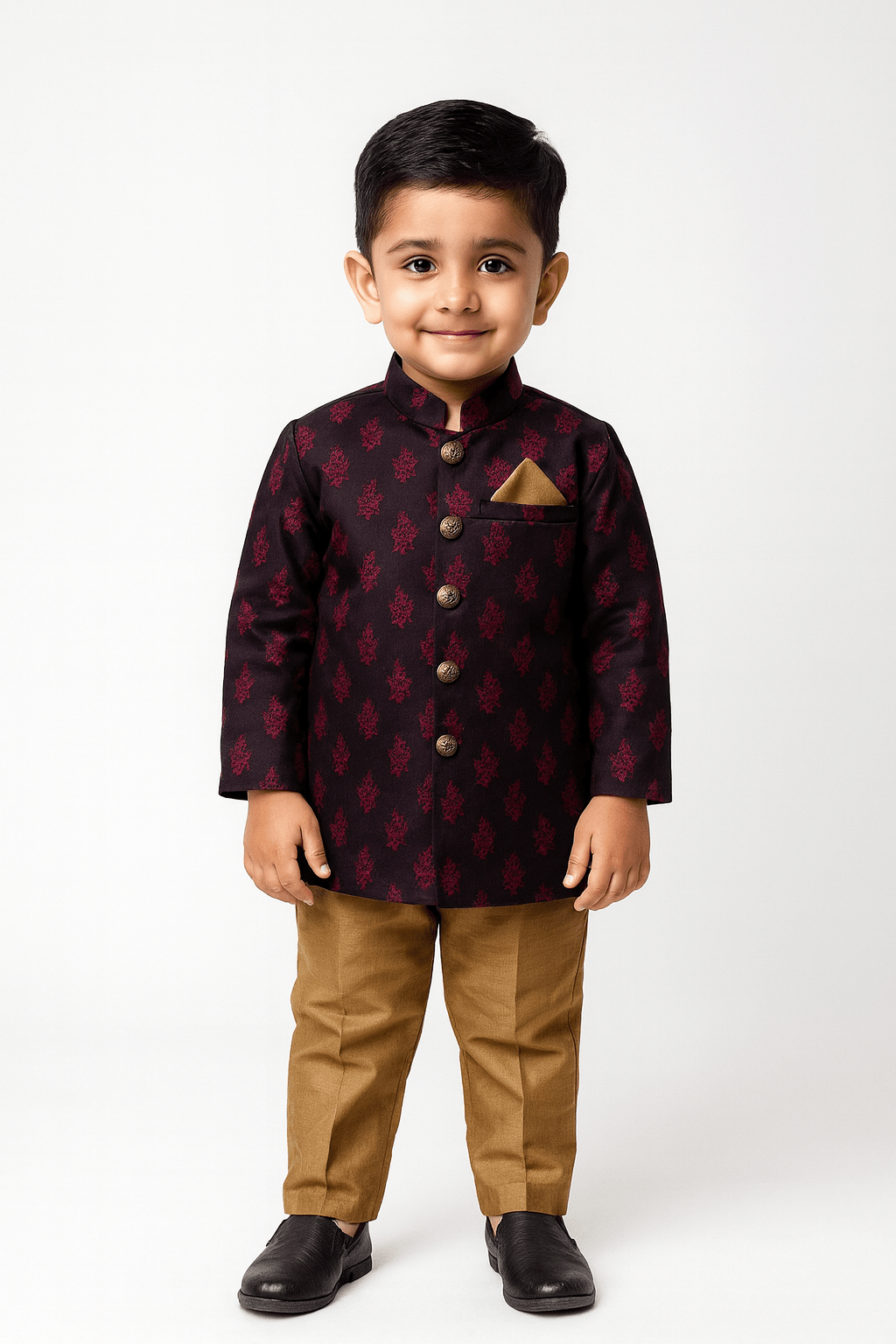 Boys Maroon Printed Silk Kurta Sandal Pajama KP167 - Prince N Princess
