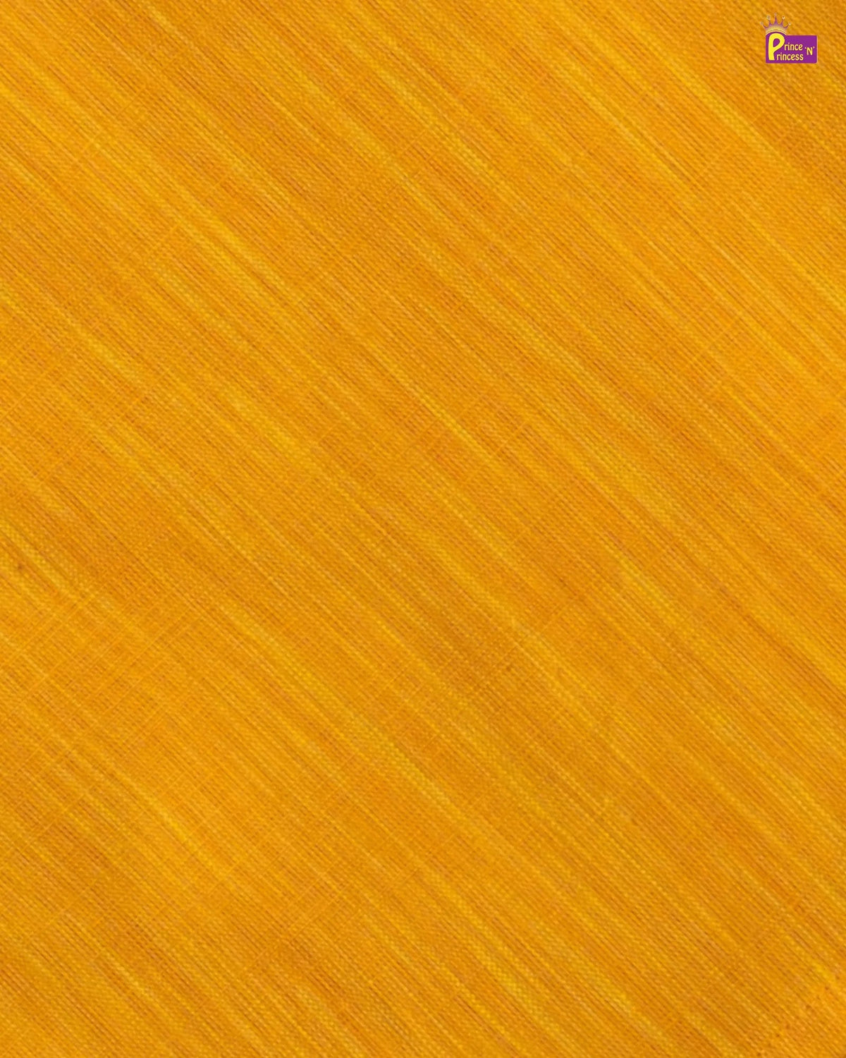 A close-up of a textured yellow-orange material with fine diagonal striations and a small purple brand mark in the top-right corner.