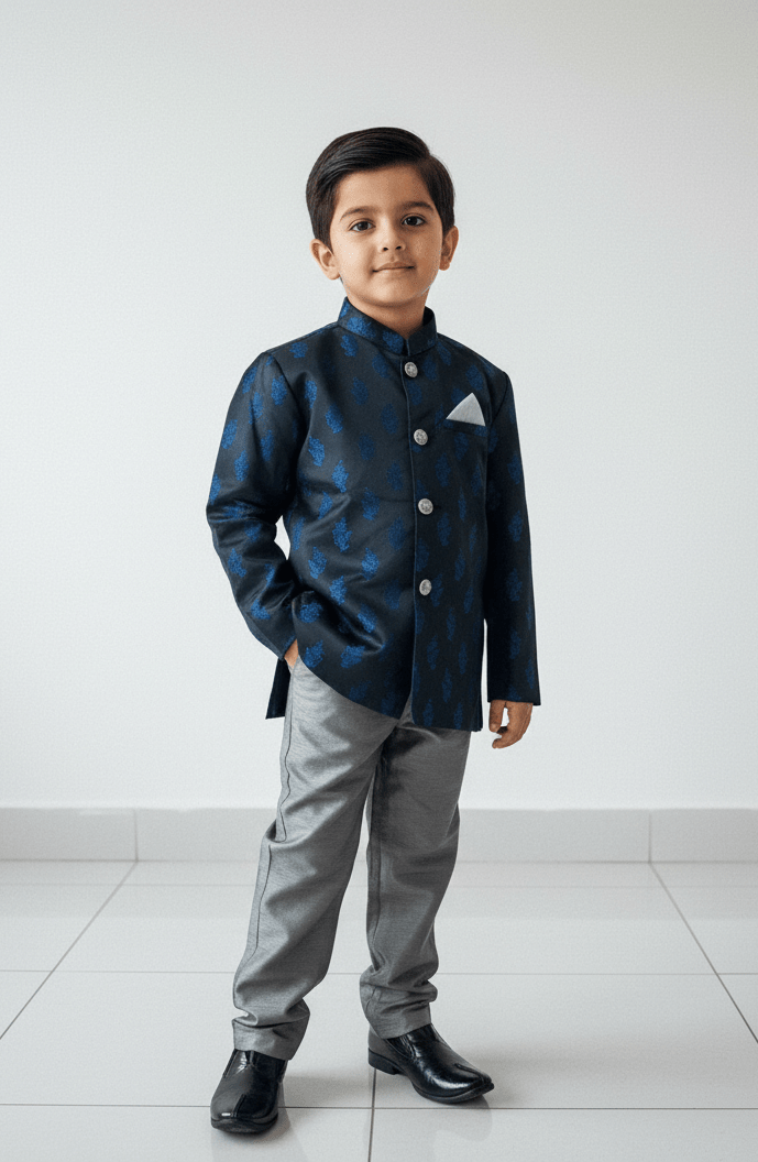 Boys Navy with Flower Printed Kurta Pajama KP169 - Prince N Princess