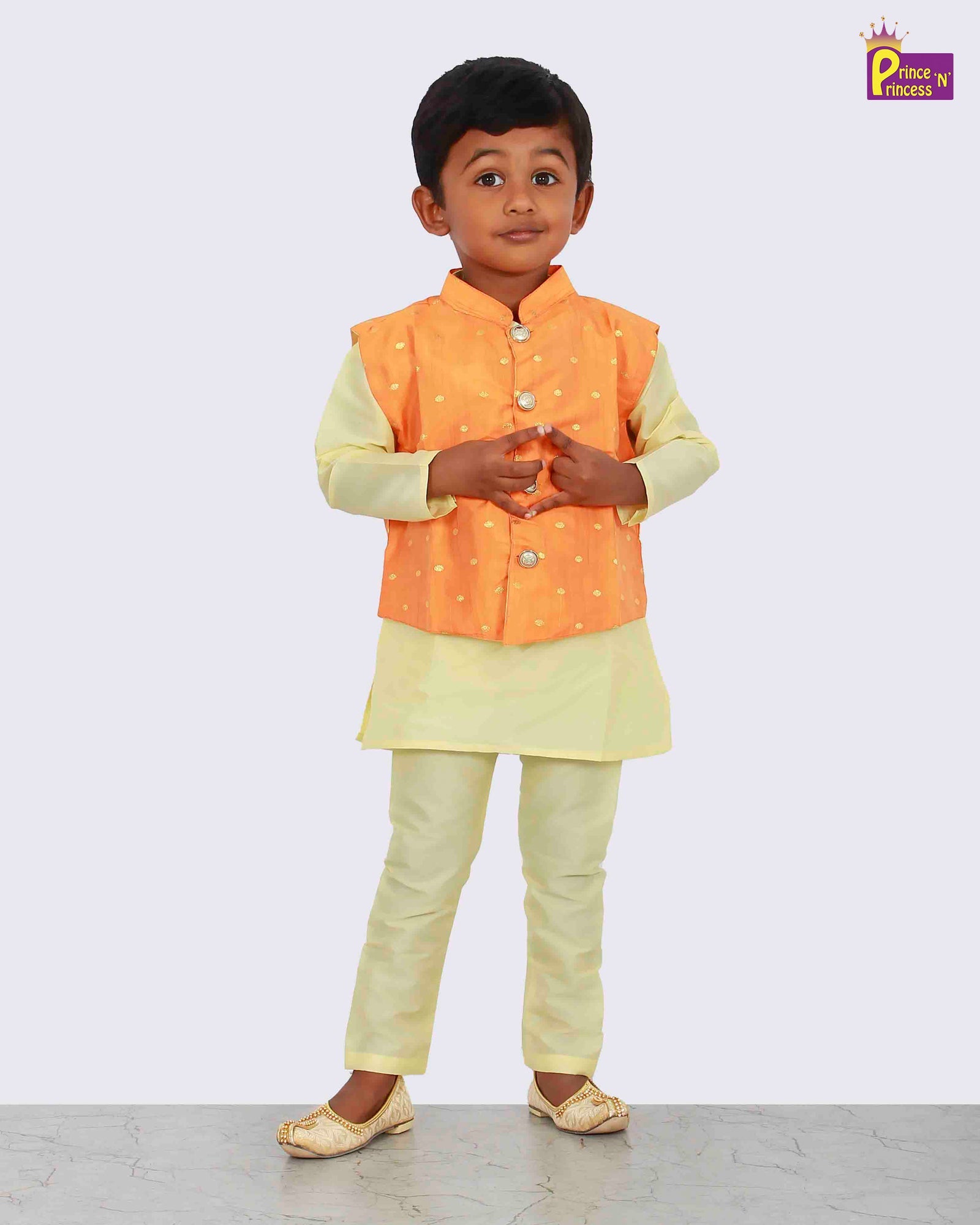 Boys Orange Sandle Kurta Pajama with Coat KP043 - Prince N Princess
