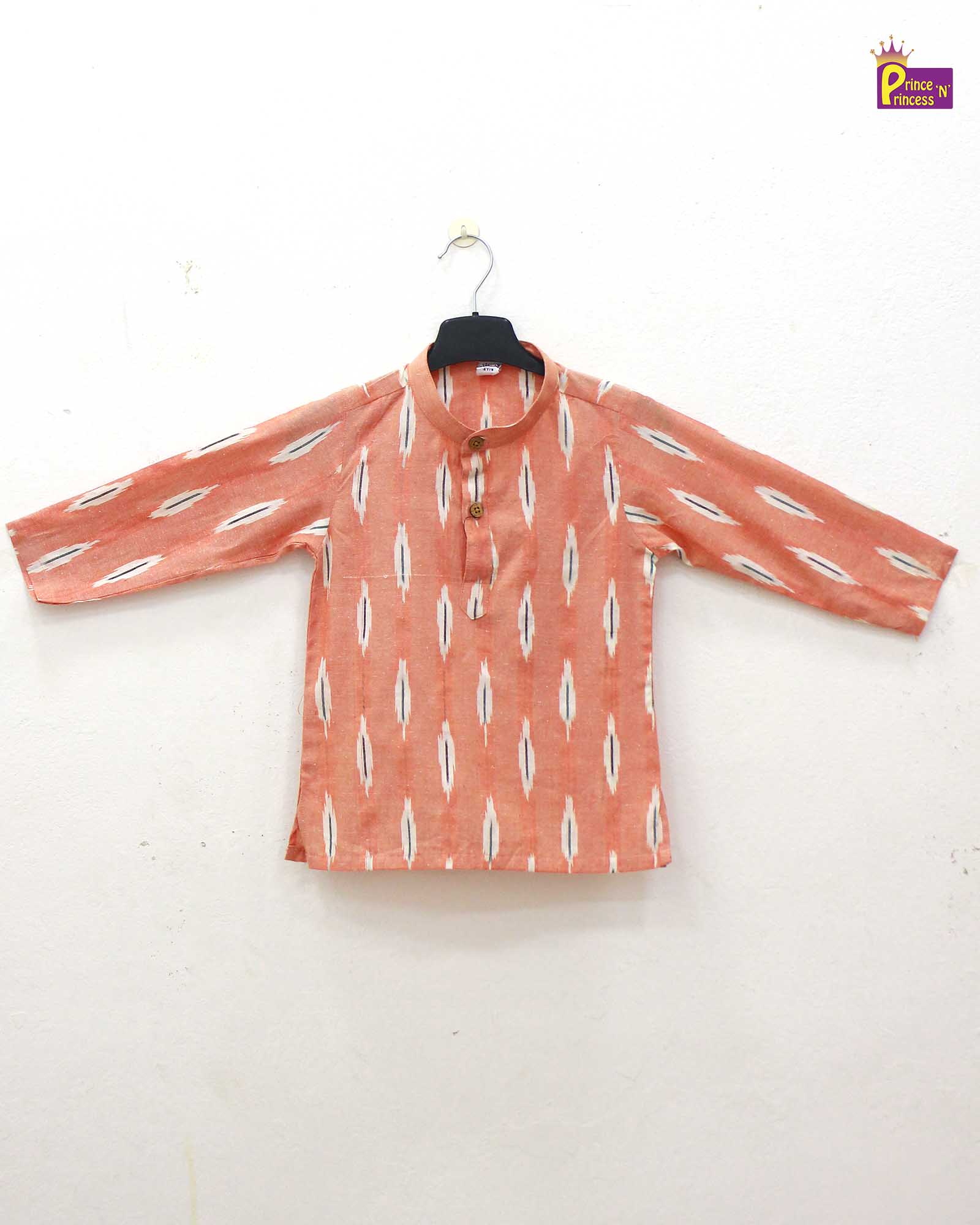 Boys Orange White Cotton Ikkat kurta Pajama KP164 - Prince N Princess