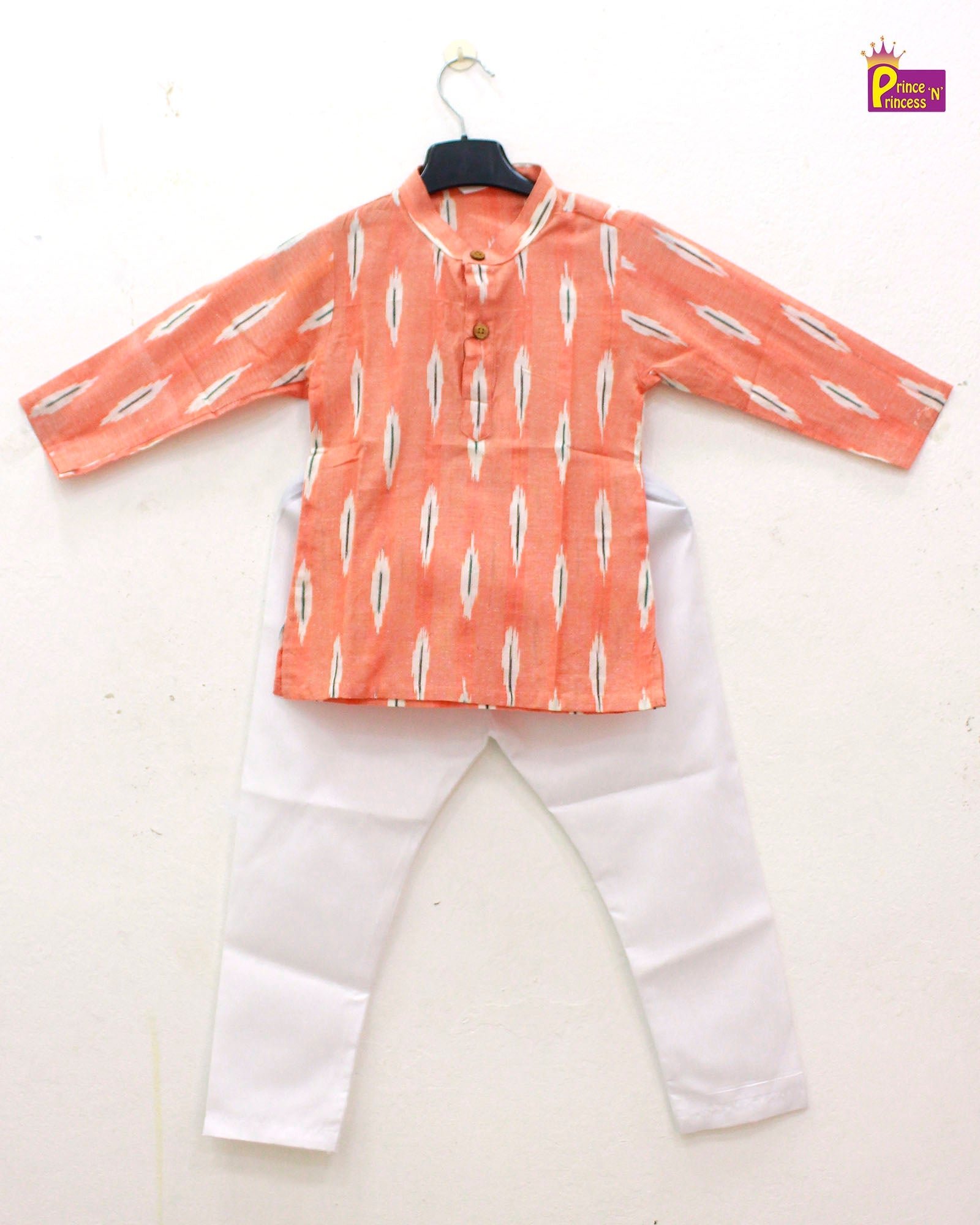 Boys Orange White Cotton Ikkat kurta Pajama KP164 - Prince N Princess