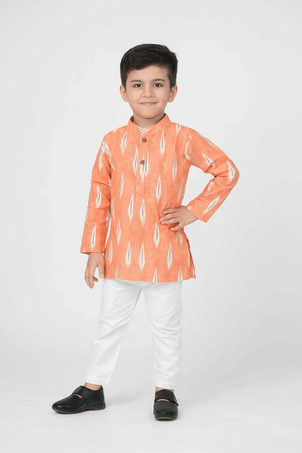 Boys Orange White Cotton Ikkat kurta Pajama KP164 - Prince N Princess