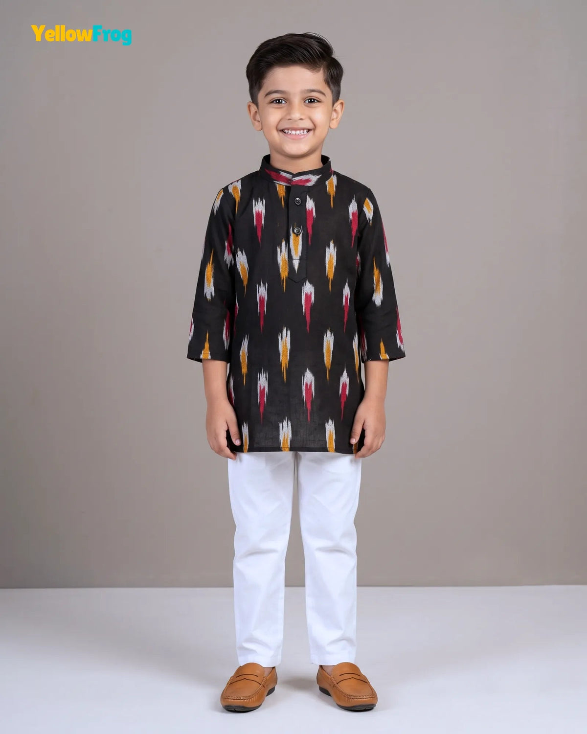 Boys Pure Cotton Ikkat Kurta Pyjama Set - Black Multicolor Ikkat Ethnic Wear with Collar KP234 for kids festival wear