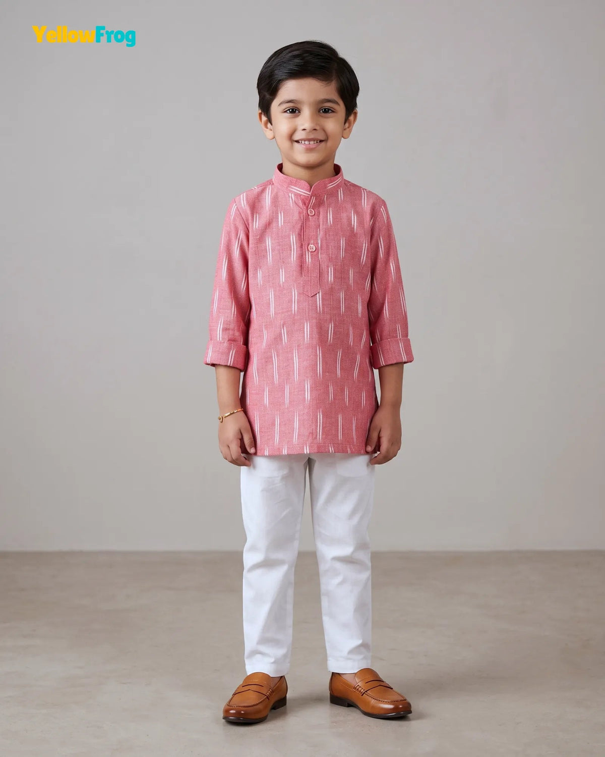 Boys Pure Cotton Ikkat Kurta Pyjama Set - Pink Ikkat Print Ethnic Wear with Collar KP230 for kids festival wear