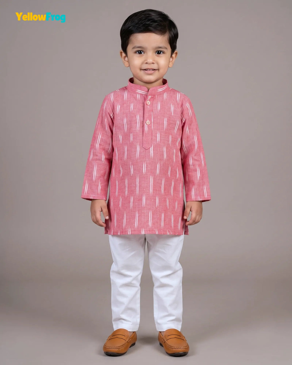 Boys Pure Cotton Ikkat Kurta Pyjama Set - Pink Ikkat Print Ethnic Wear with Collar KP230 for kids festival wear