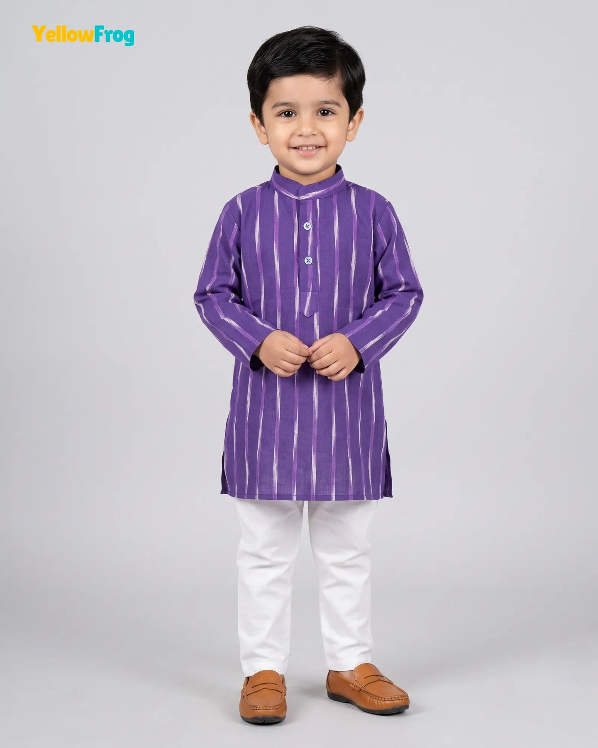 Boys Pure Cotton Ikkat Kurta Pyjama Set - Purple Striped Ikkat Ethnic Wear with Collar KP231 for kids festival wear