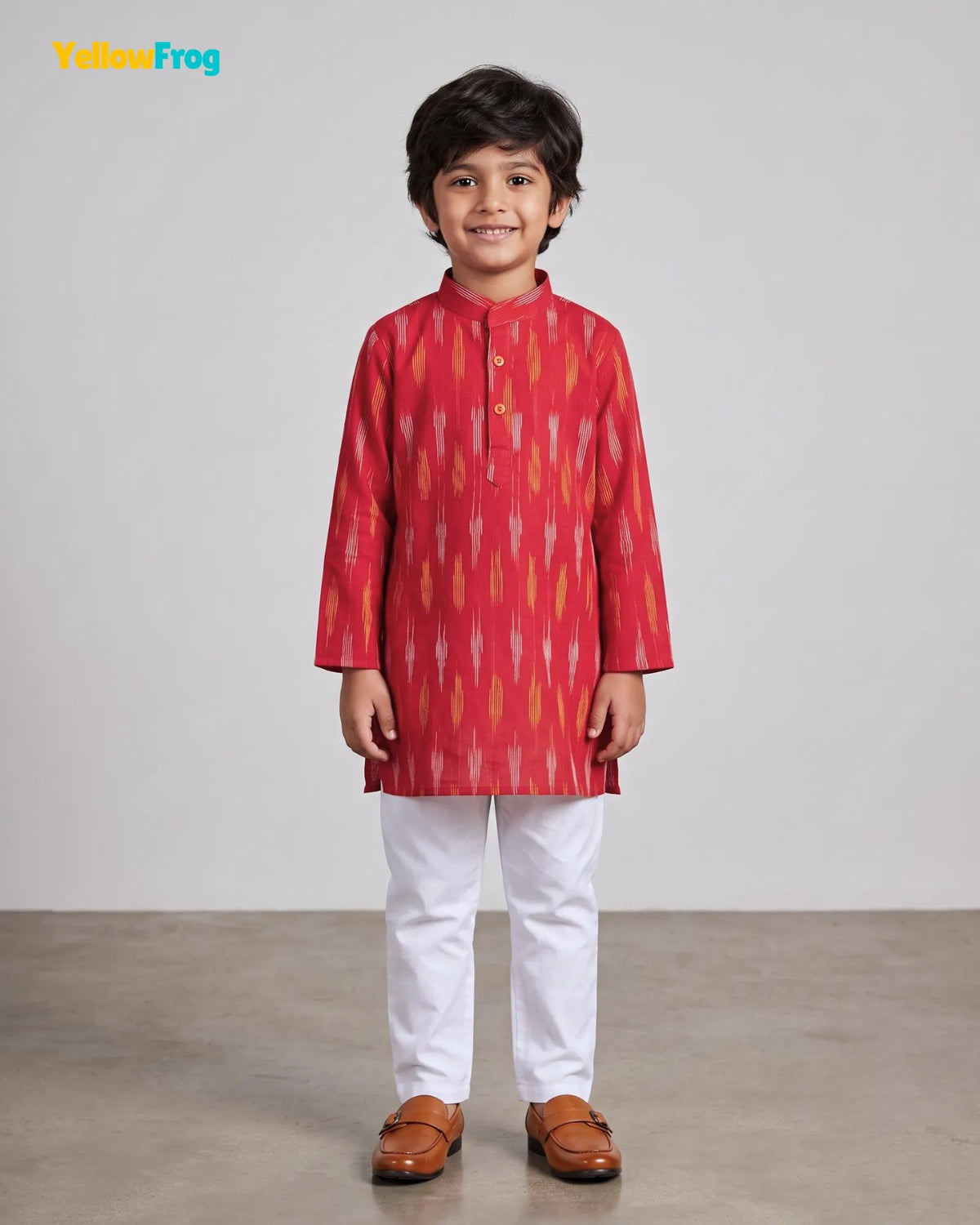Boys Pure Cotton Ikkat Kurta Pyjama Set - Red Ikkat Print Ethnic Wear with Collar KP233 for kids festival wear