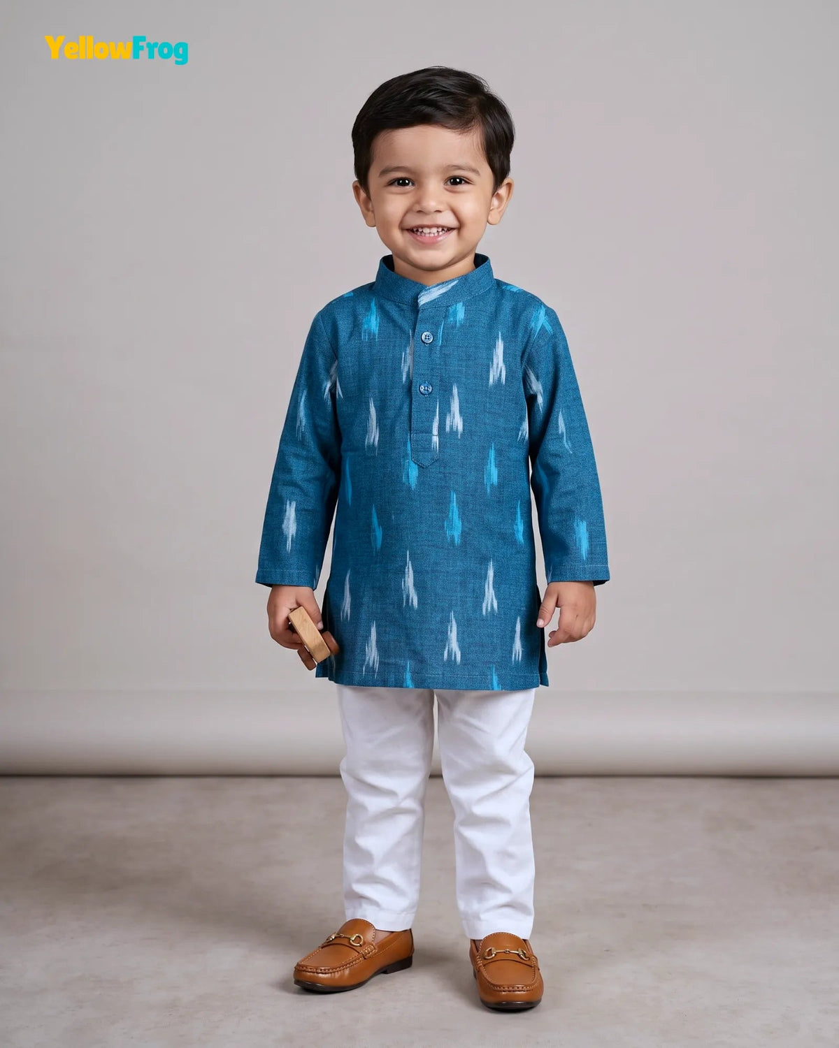 Boys Pure Cotton Ikkat Kurta Pyjama Set - Teal Ikkat Print Ethnic Wear with Collar KP229 for kids festival wear