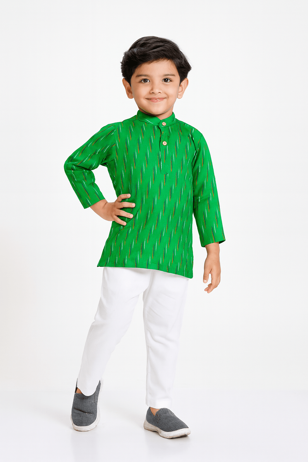 Boys Rama Green White Cotton Ikkat kurta Pajama KP162 - Prince N Princess