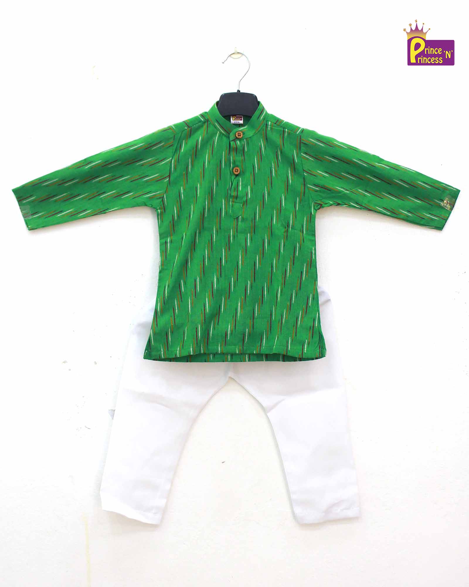 Boys Rama Green White Cotton Ikkat kurta Pajama KP162 - Prince N Princess