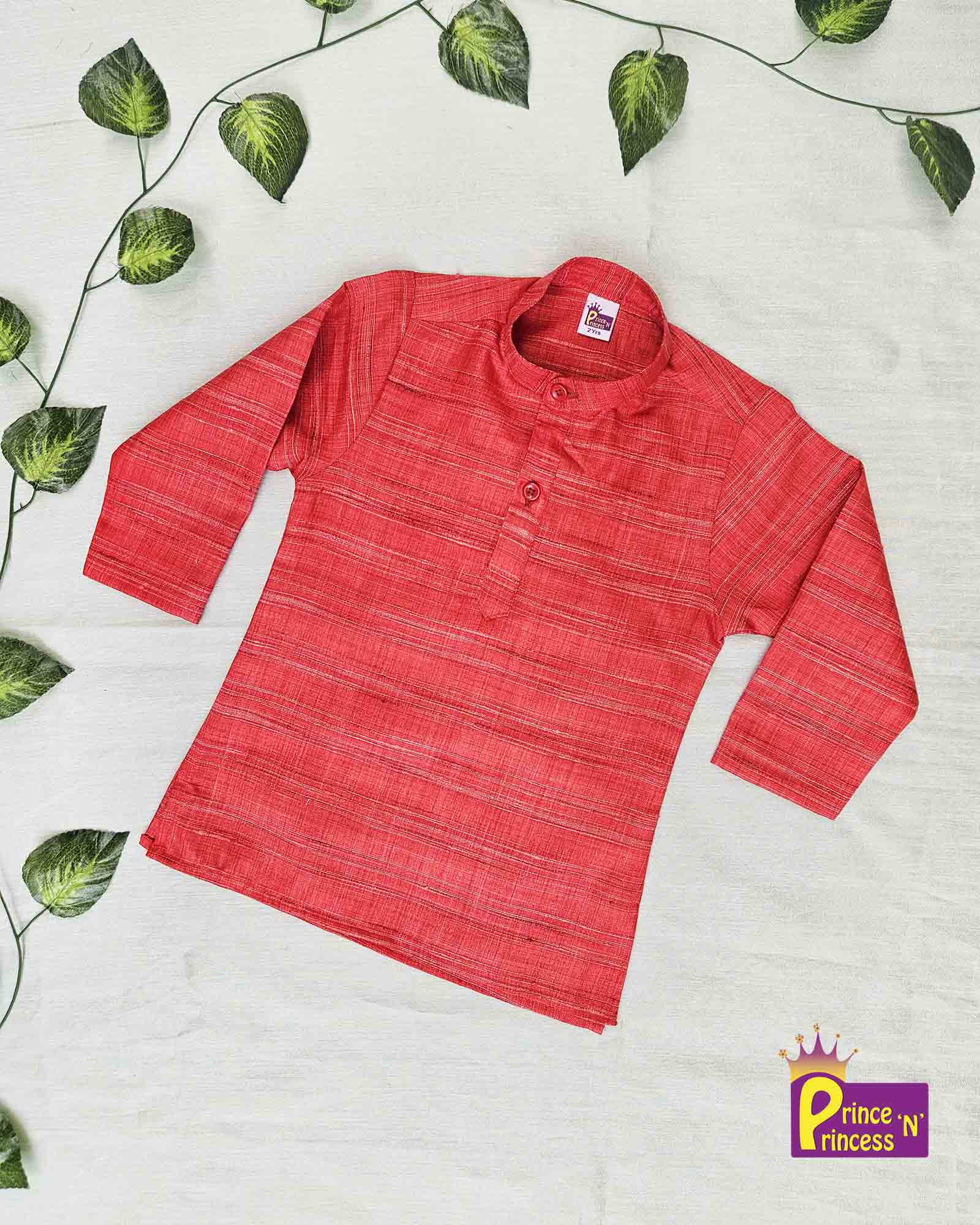Boys Red Linen Cotton Kurta Pajama KP179 - Prince N Princess