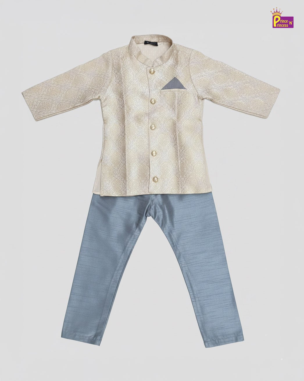 Boys Silk Kurta Pajama in Gold with Grey KP103 - Prince N Princess