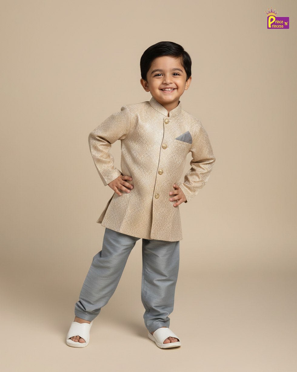 Boys Silk Kurta Pajama in Gold with Grey KP103 - Prince N Princess
