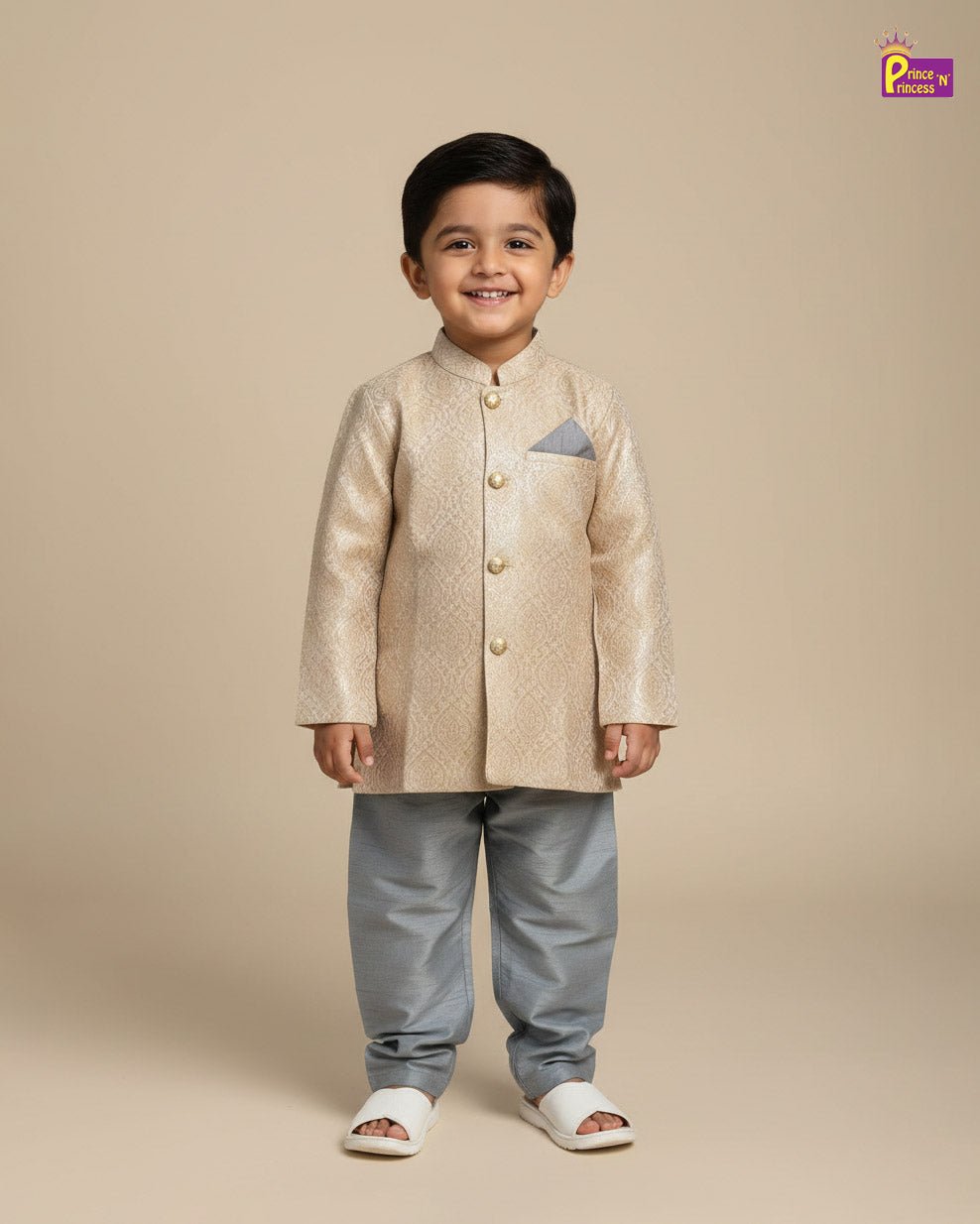 Boys Silk Kurta Pajama in Gold with Grey KP103 - Prince N Princess