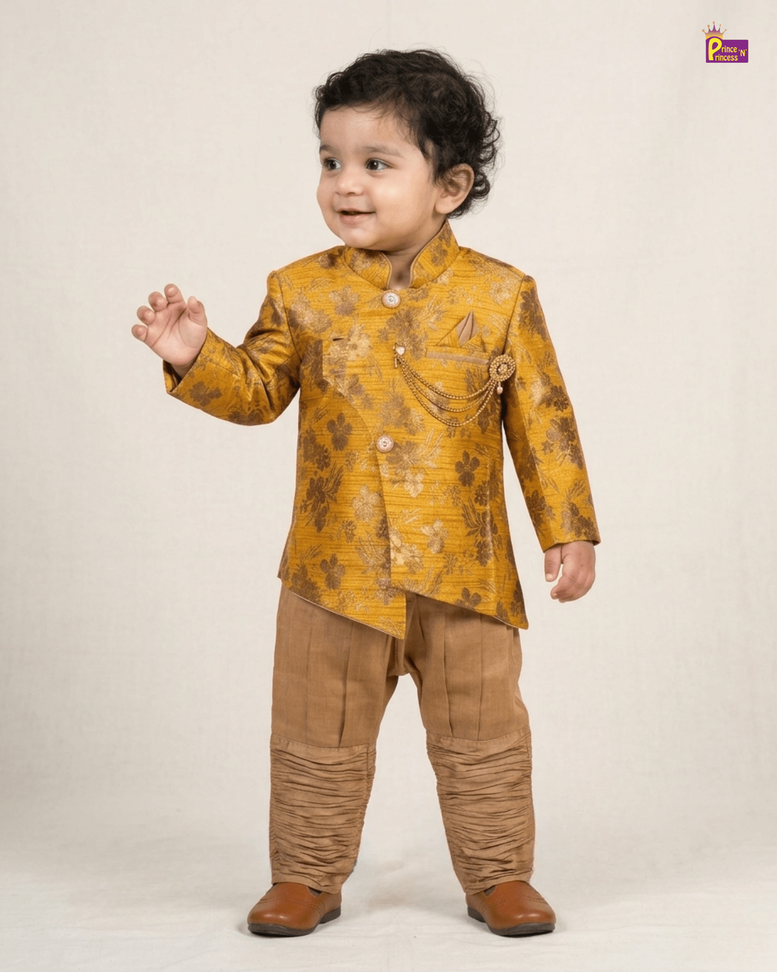 Boys Silk Kurta Pajama in Mango Yellow with Brown KP004 for kids festival wear