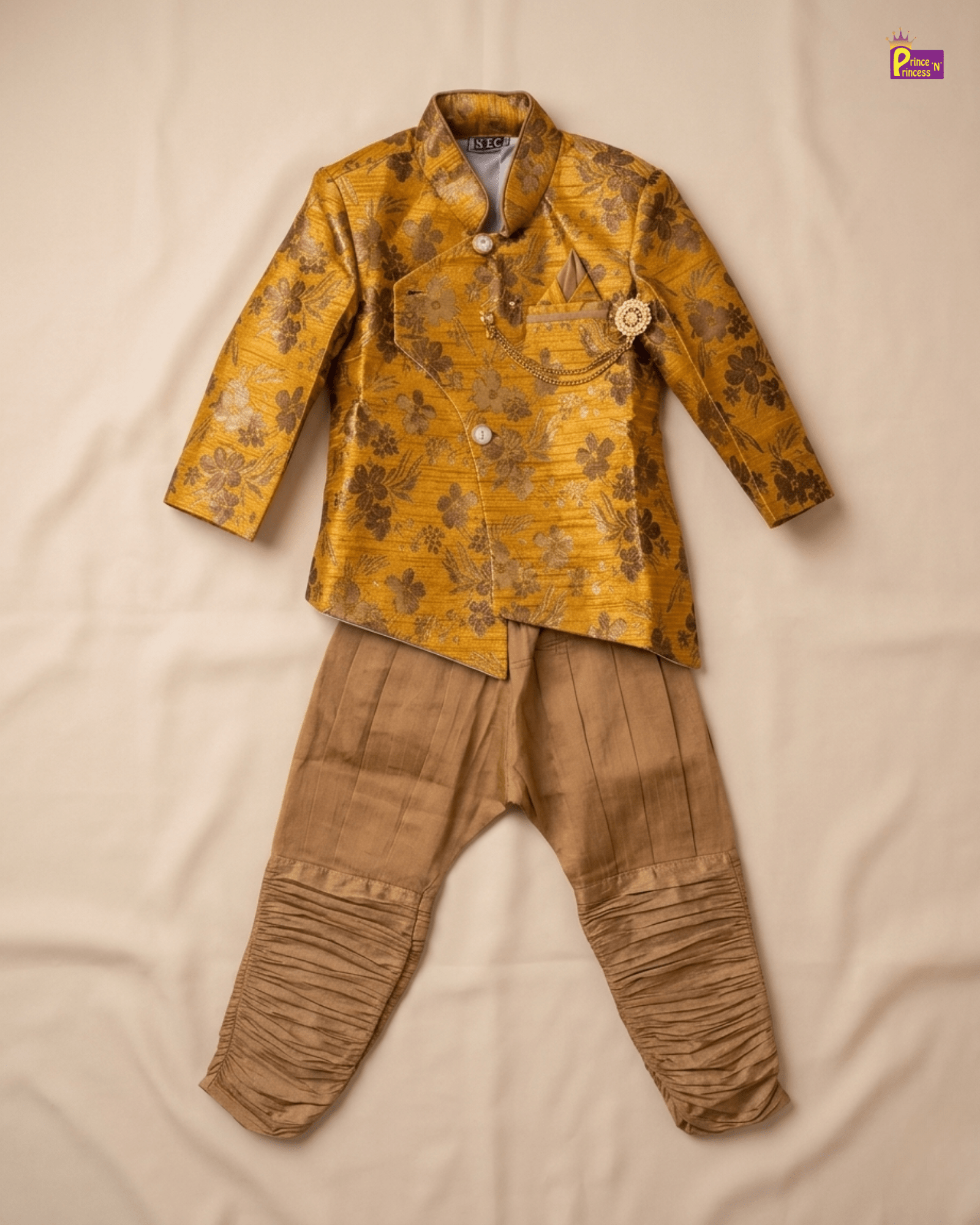 Boys Silk Kurta Pajama in Mango Yellow with Brown KP004 for kids festival wear