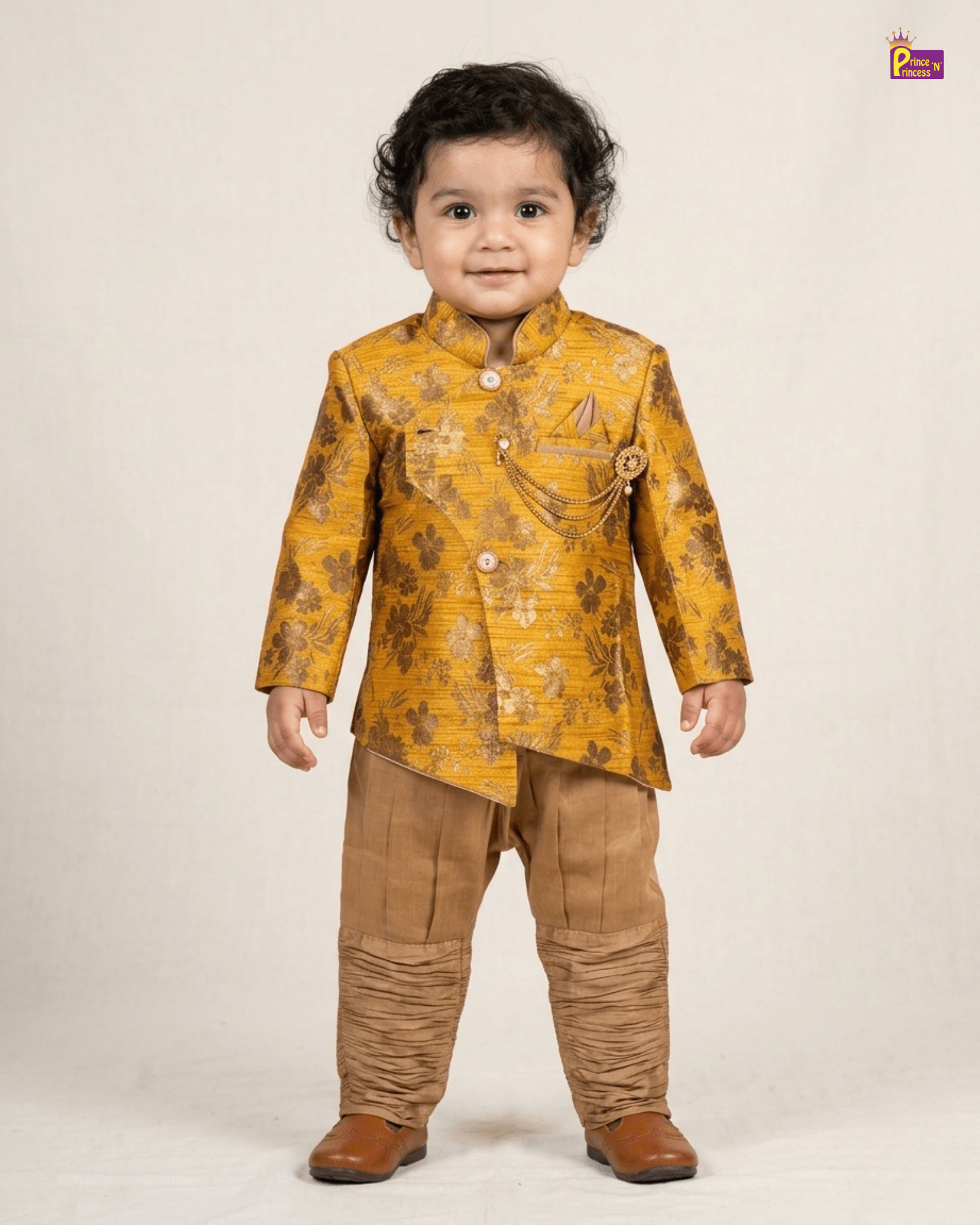 Boys Silk Kurta Pajama in Mango Yellow with Brown KP004 for kids festival wear