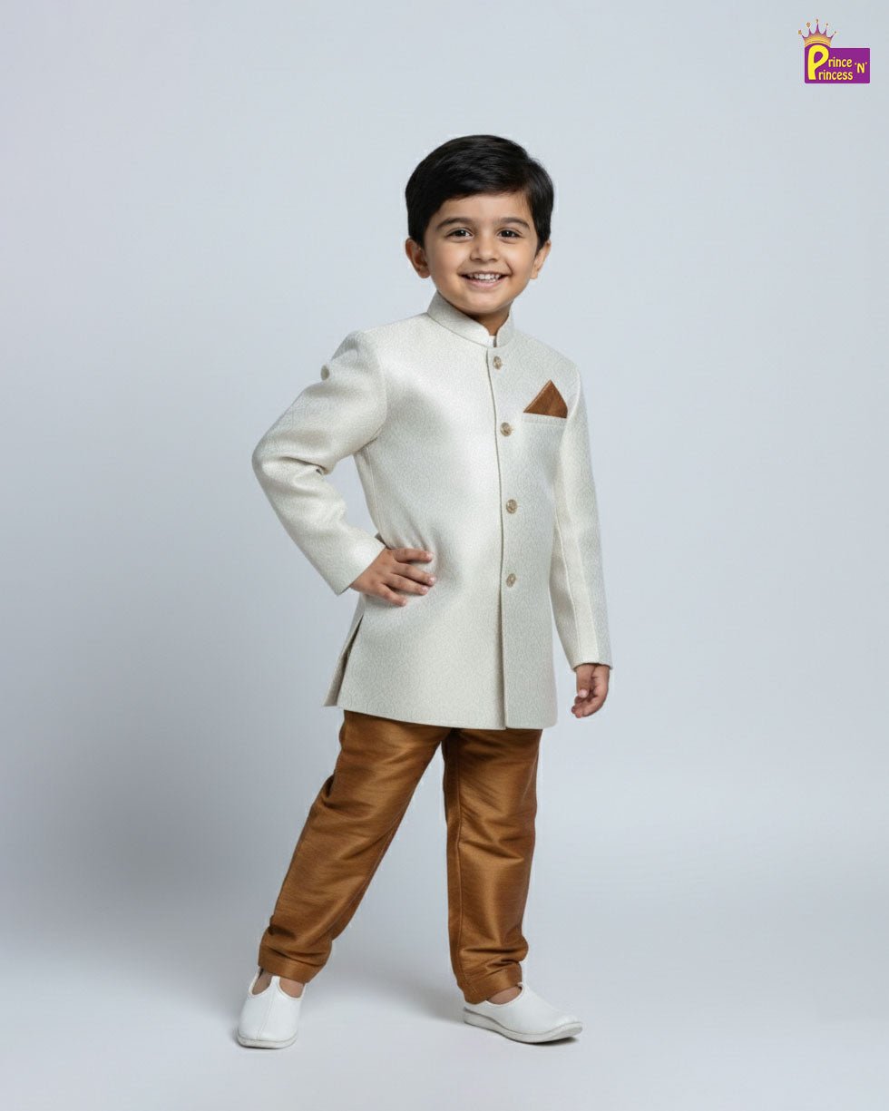 Boys Silk Kurta Pajama in Silver with Brown KP102 - Prince N Princess