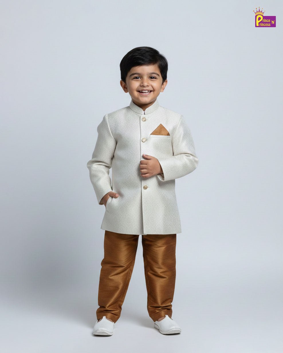 Boys Silk Kurta Pajama in Silver with Brown KP102 - Prince N Princess