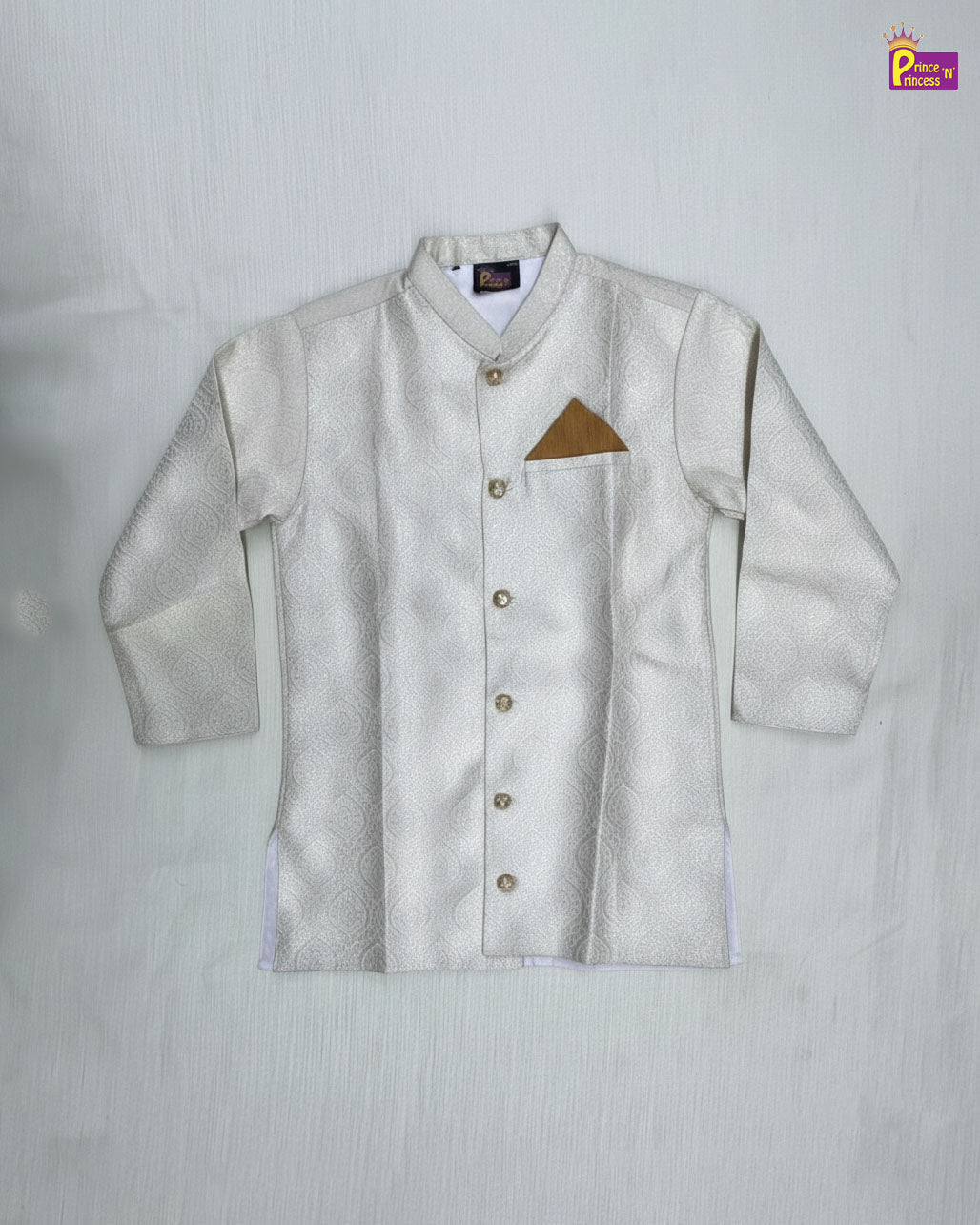 Boys Silk Kurta Pajama in Silver with Brown KP102 - Prince N Princess