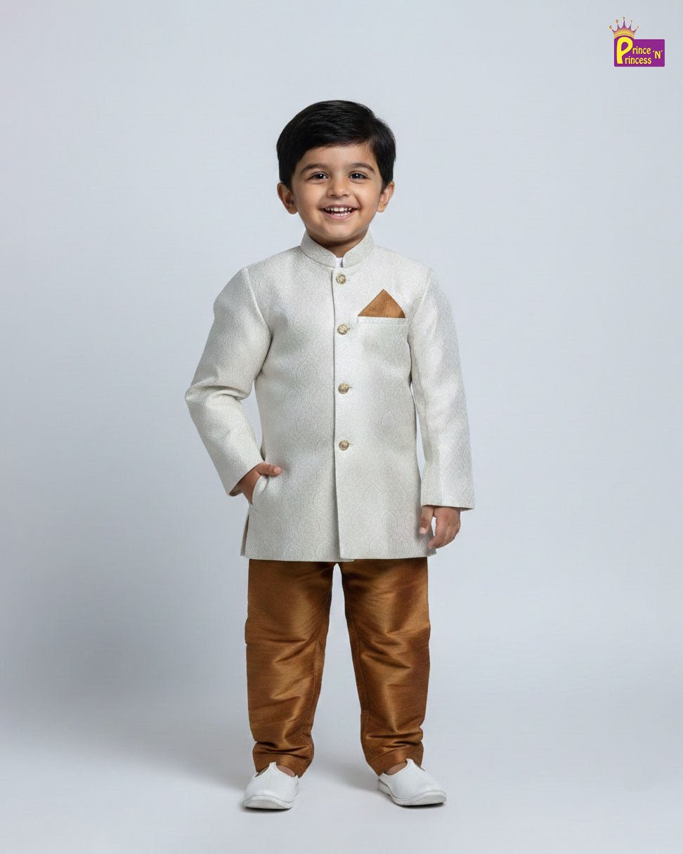Boys Silk Kurta Pajama in Silver with Brown KP102 - Prince N Princess