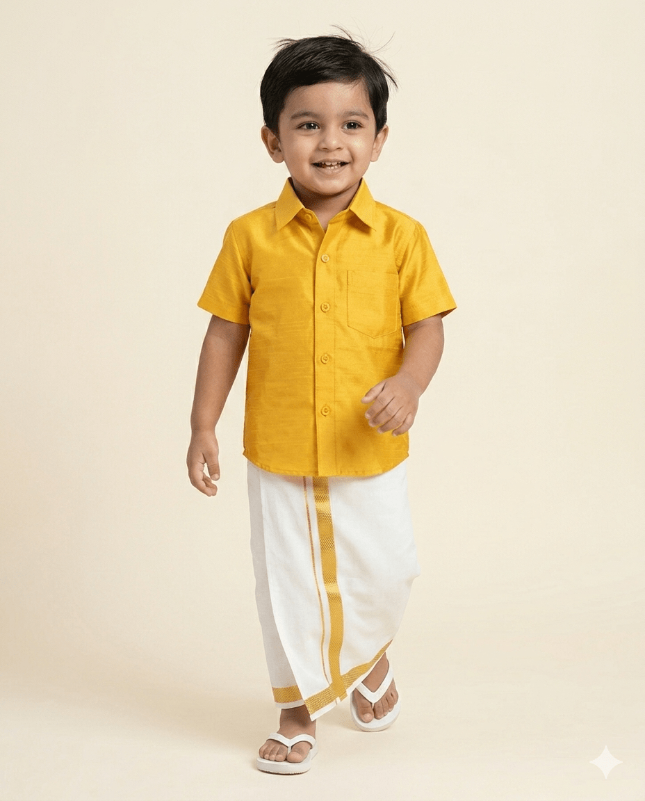 Boys South Indian Mango Yellow Shirt Dhoti SD106 for kids festival wear