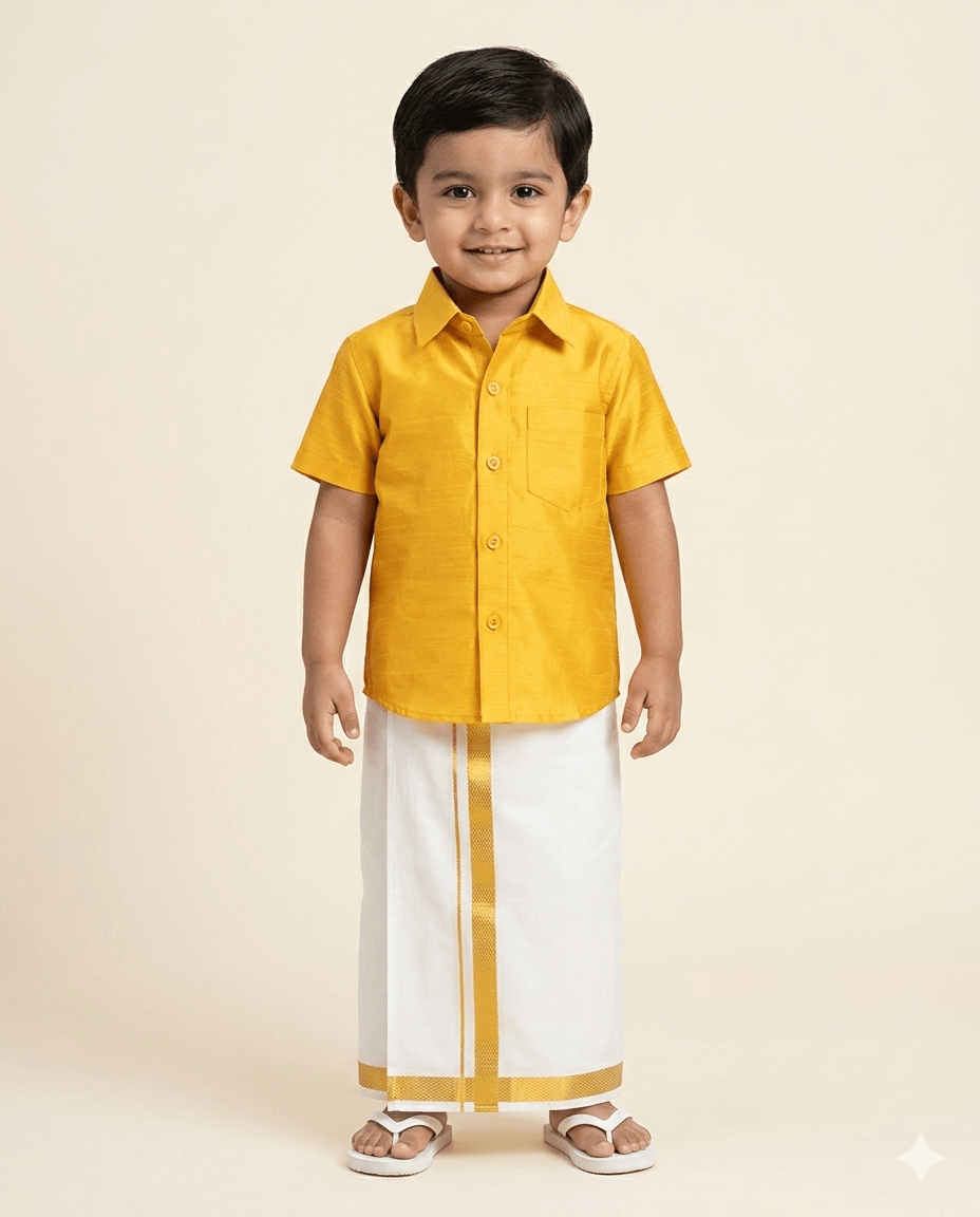 Boys South Indian Mango Yellow Shirt Dhoti SD106 for kids festival wear