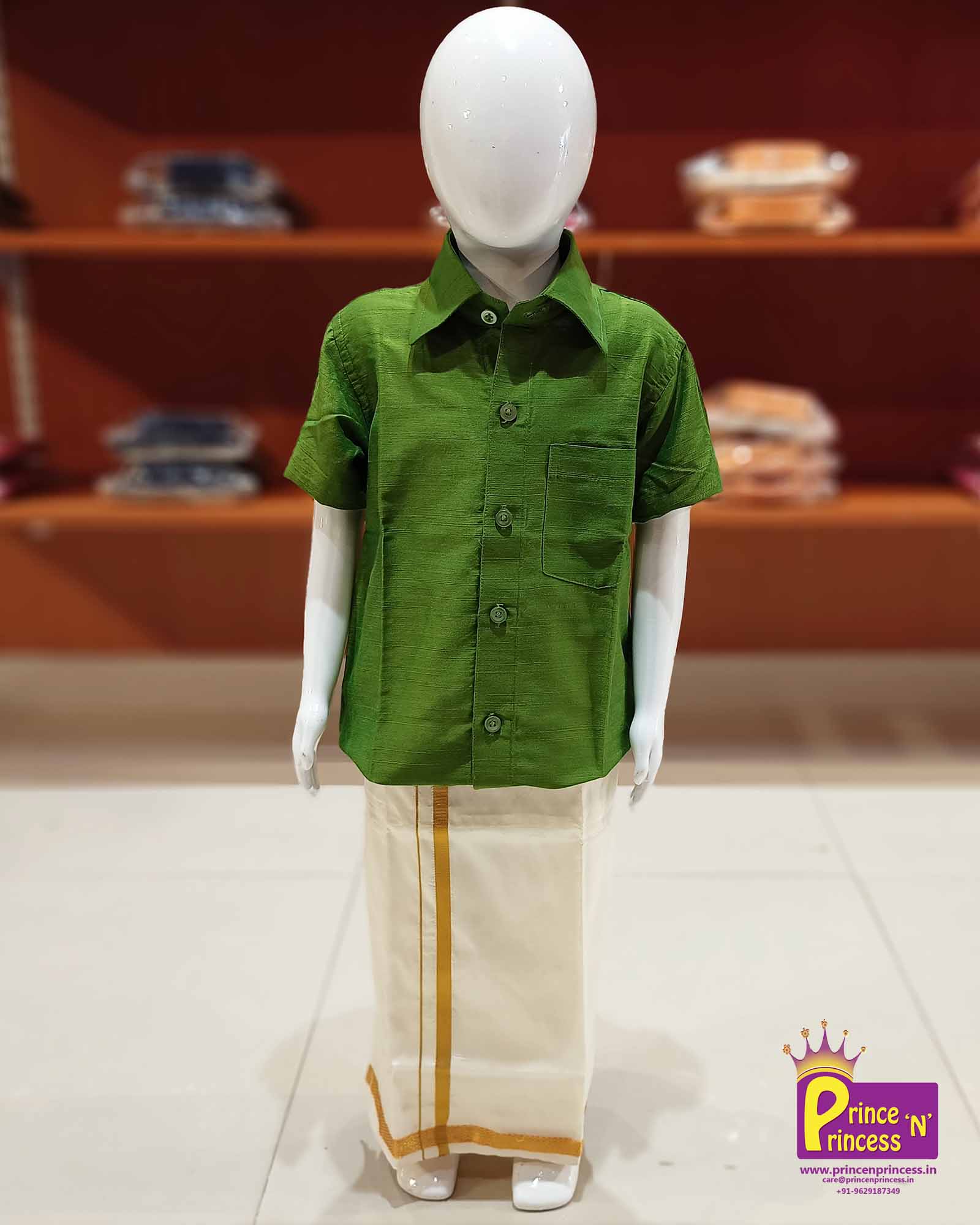 Boys South Indian Oilve Green Shirt Dhoti SD002 - Prince N Princess