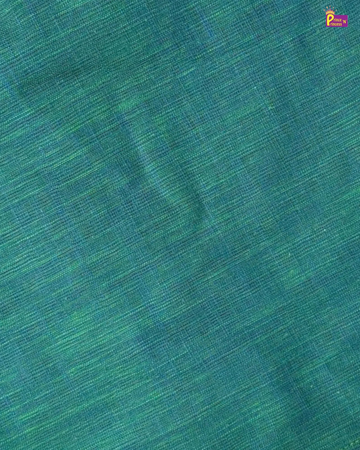 A close-up of a teal green fabric with a subtle diagonal slub texture and a small colorful 'Pichwai Handicraft' logo in the top right corner.