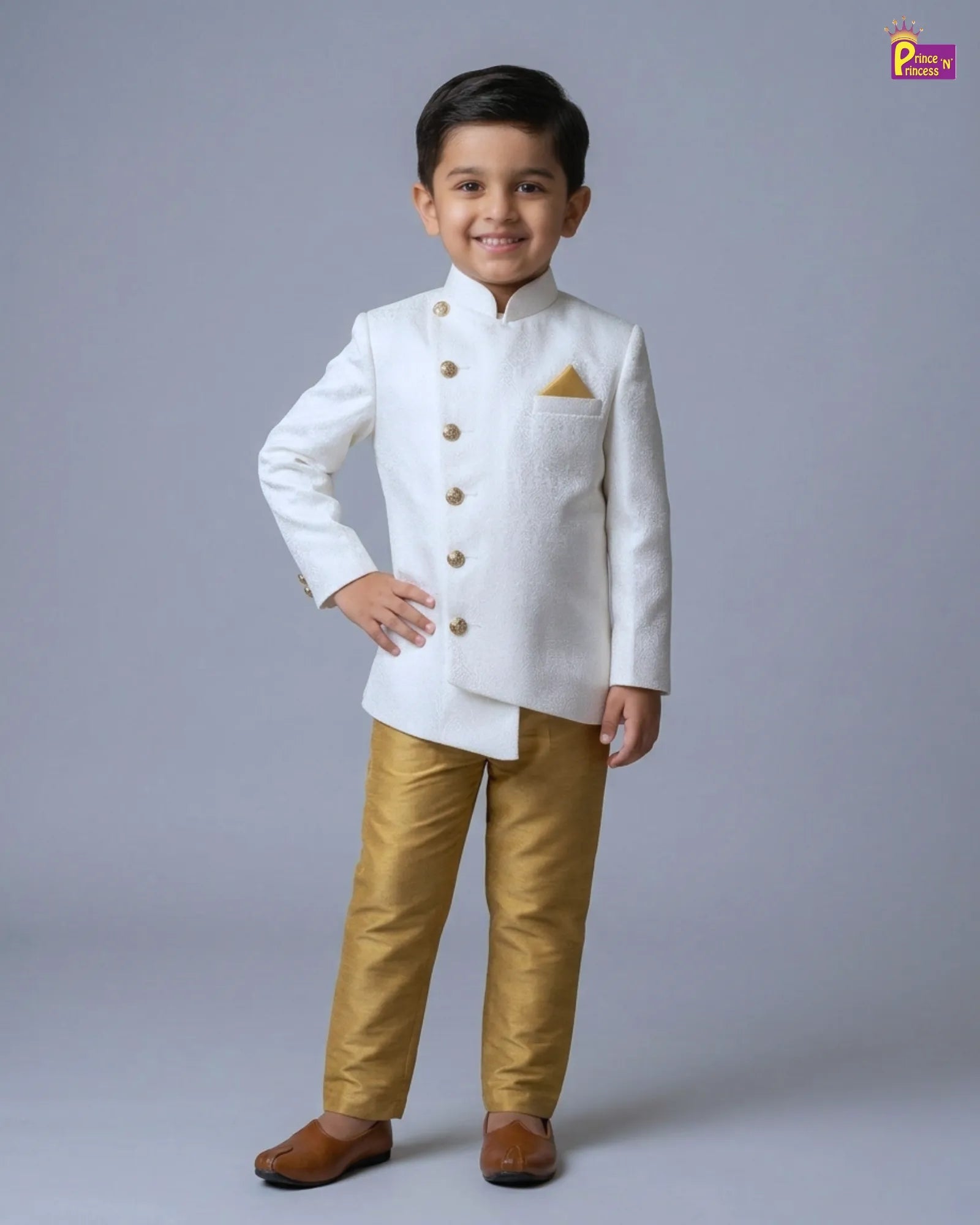 Boys White Jodhpuri Jacket Set – Asymmetric Collar Gold Pant Suit KP226 for kids festival wear