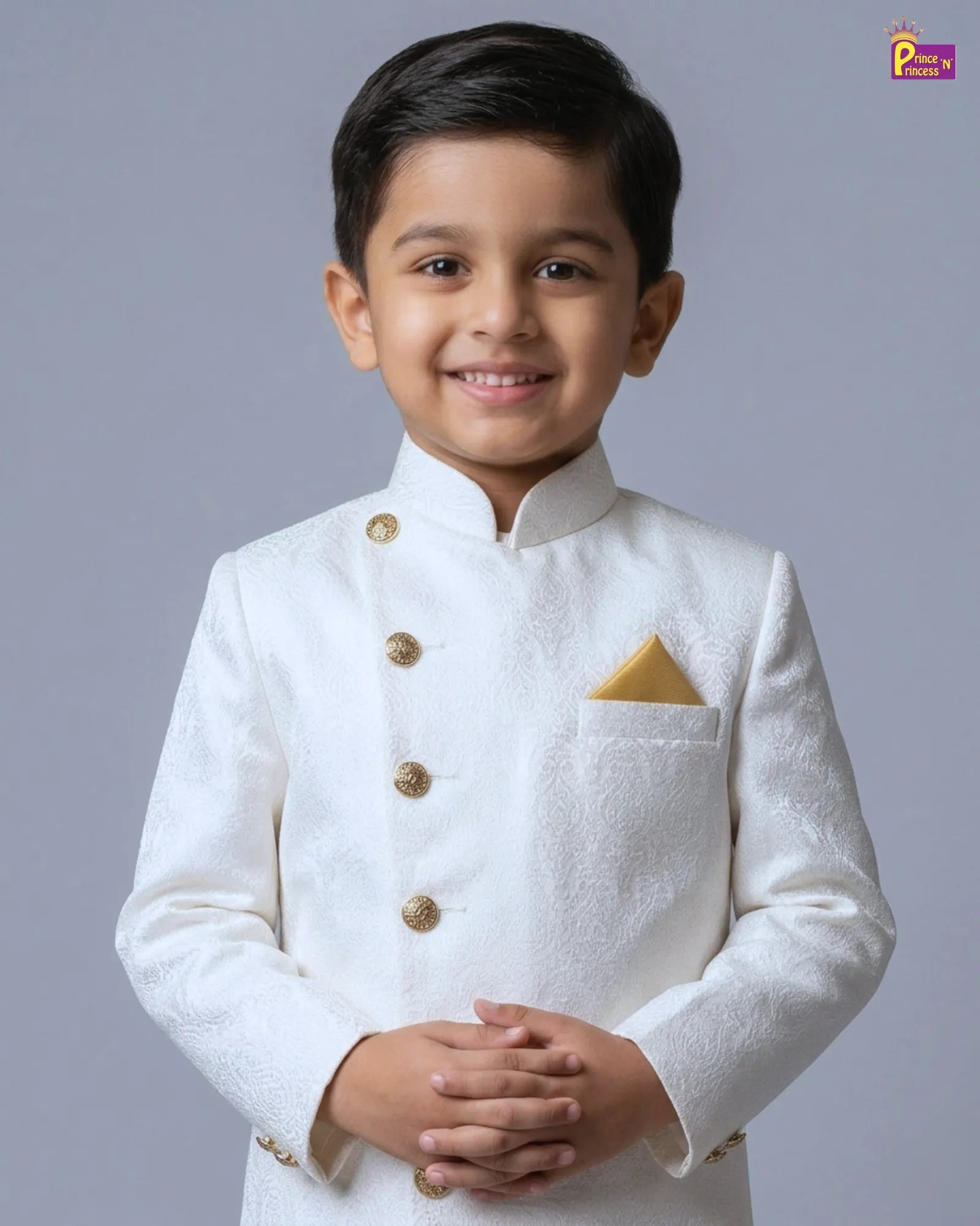 Boys White Jodhpuri Jacket Set – Asymmetric Collar Gold Pant Suit KP226 for kids festival wear