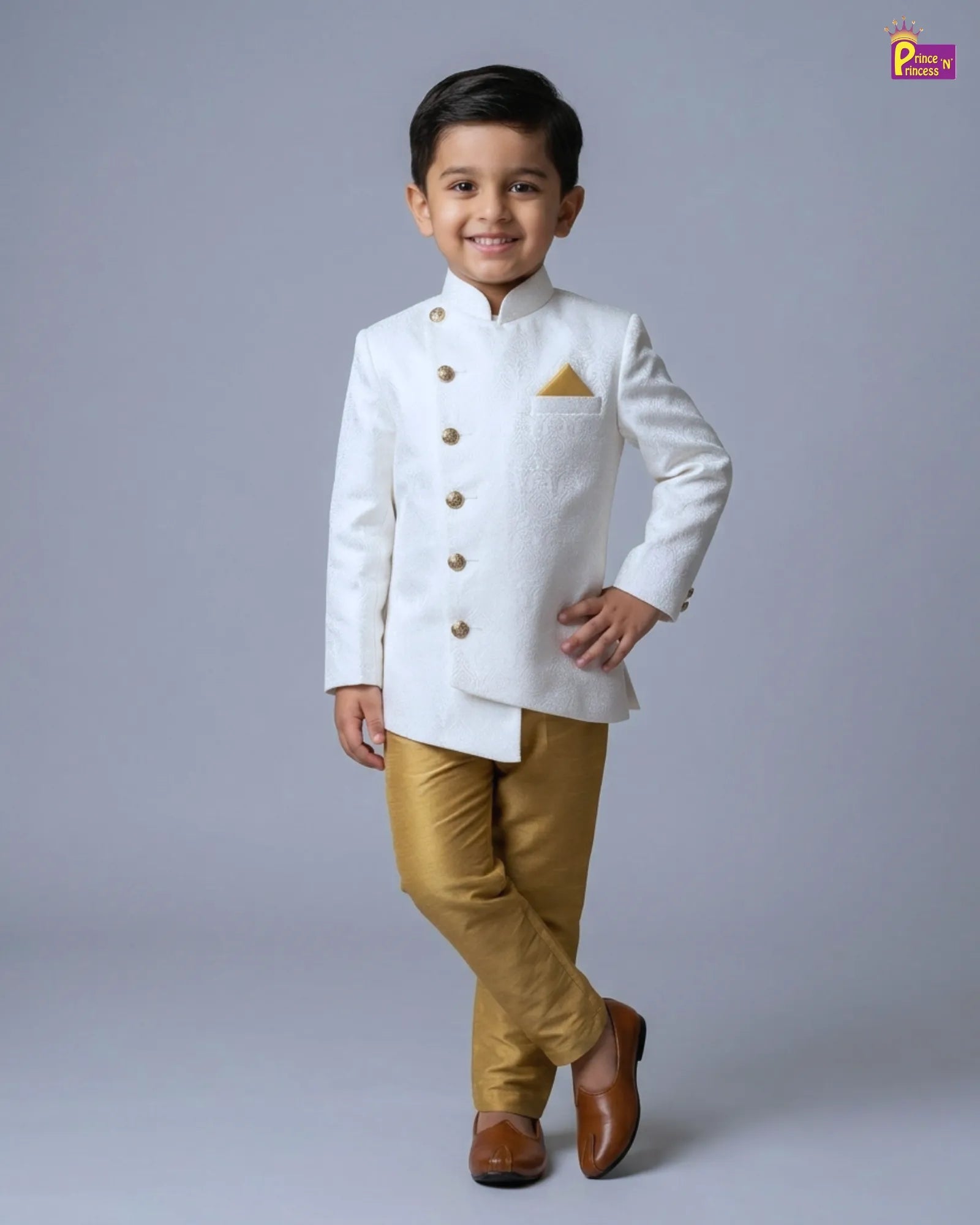 Boys White Jodhpuri Jacket Set – Asymmetric Collar Gold Pant Suit KP226 for kids festival wear